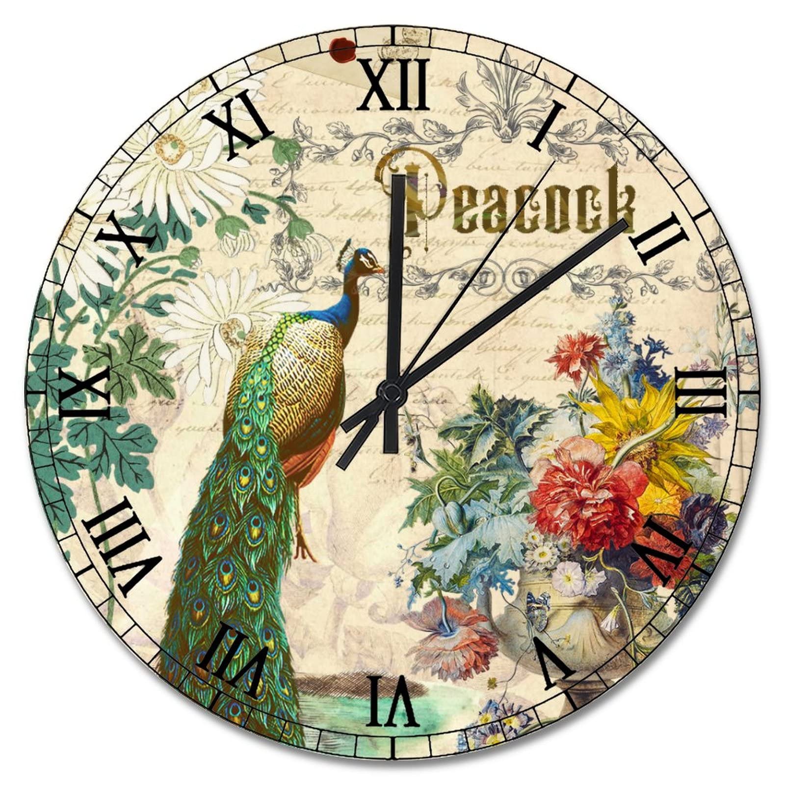 Horloge murale paon verte 38cm vintage à piles pour la décoration du salon rétro