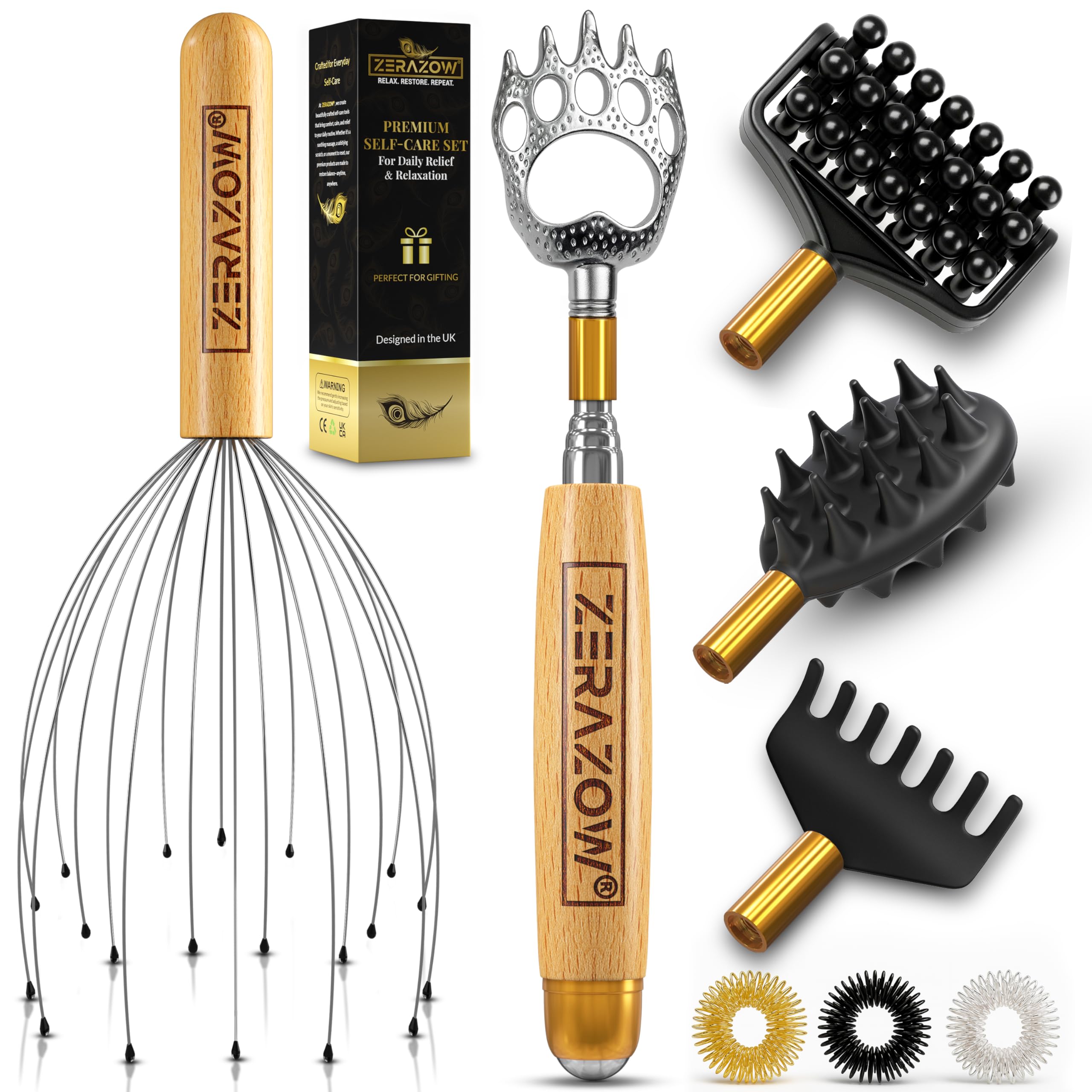 ZERAZOW® Telescoping Back Scratcher 9 Pcs Set | Backscratcher for Men & Women with 4 Detachable Heads | Scalp & Back Massager Tools | Stocking Fillers for Men | Dad Christmas Gifts | UK Brand
