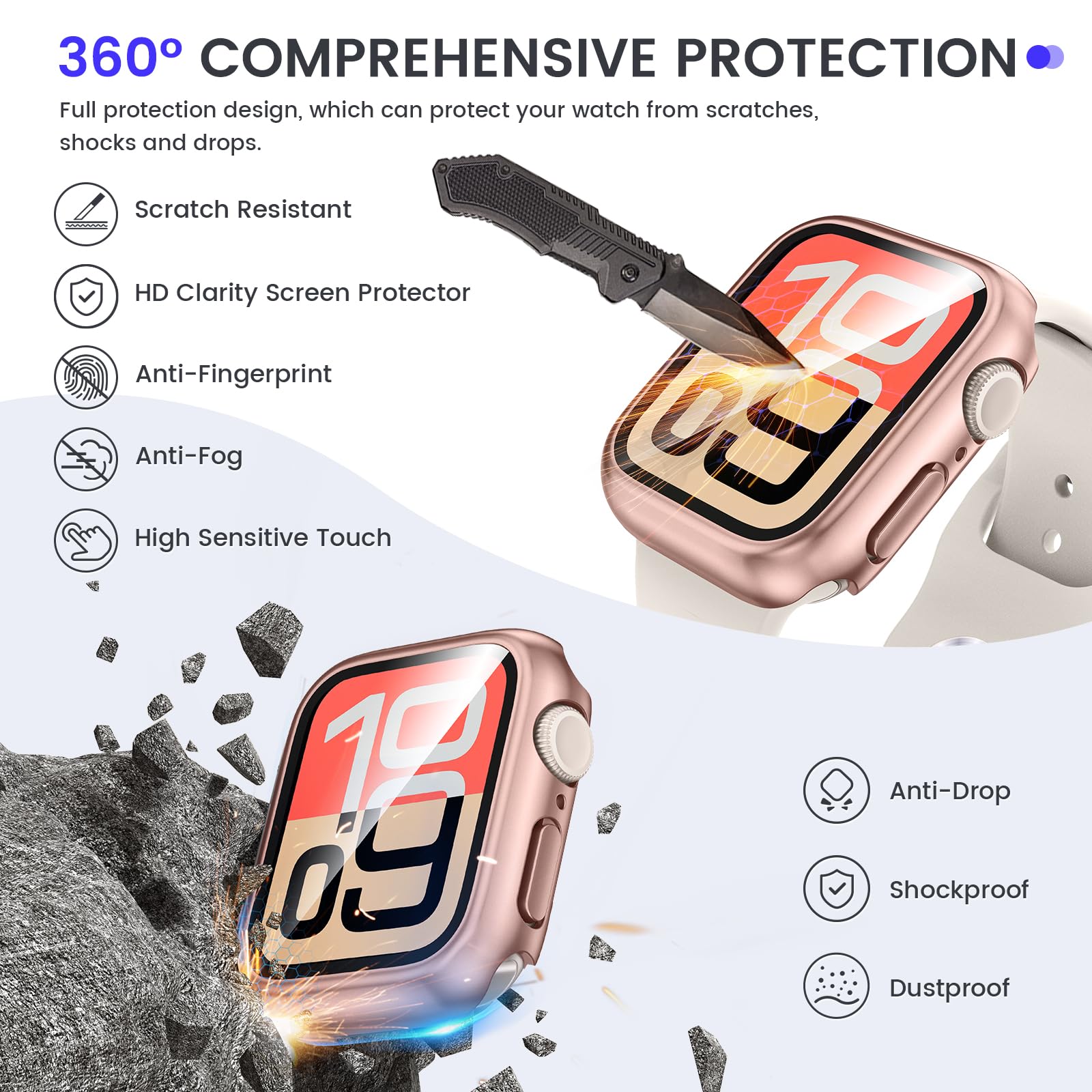 Kamita Wodoodporne etui do Apple Watch Series SE 3/SE 2/SE/6/5/4 44mm, twarde etui PC Bumper z wbudowaną folią ochronną ekranu ze szkła hartowanego, pełne pokrycie ochronne do iWatch 44 (różowe złoto)