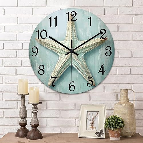 Funlucy Reloj de pared con estrellas de mar, hora del océano, funciona con pilas, silencioso, sin tictac, de PVC, 10 x 10 pulgadas, para decoración