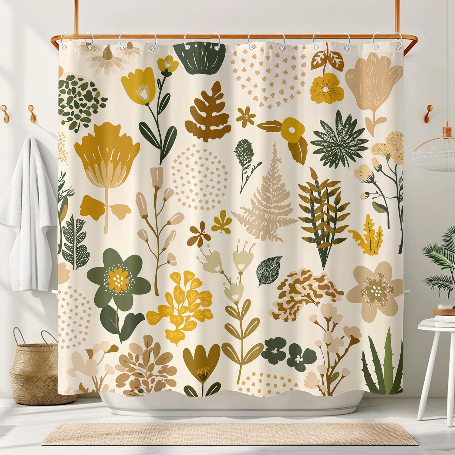 Lush Floral Shower Curtain Set Dense Flower Print Waterproof Bathroom Decor Organic Botanical Theme 72x72 Inch