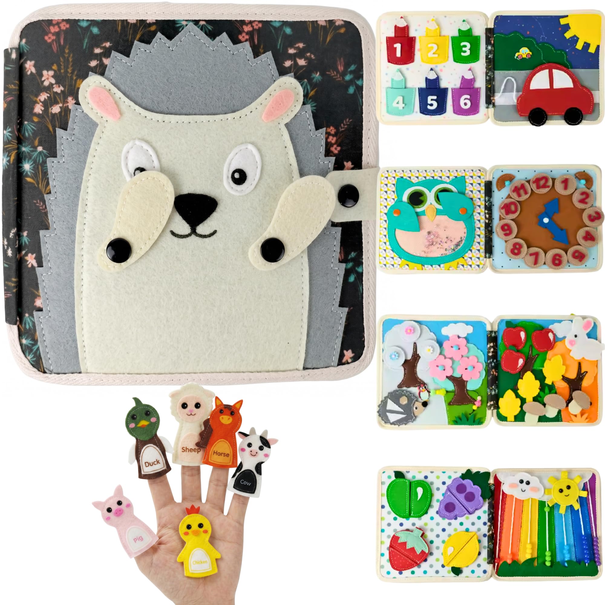 LUMS Libro Montessori 1 Año - Juguetes Montessori Bebé 2 3 4 5 Años, Busy Board y Tablero Sensorial de Fieltro, Busy Book Interactivos de Actividades, Juego de Viaje para Coche con 6 Marionetas
