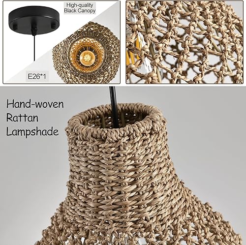 Miniatura 6 de Paquete de 2 lámparas colgantes de ratán, 11.03 pulgadas, estilo bohemio, tejida a mano, de mimbre marrón costero, iluminación colgante para granja,