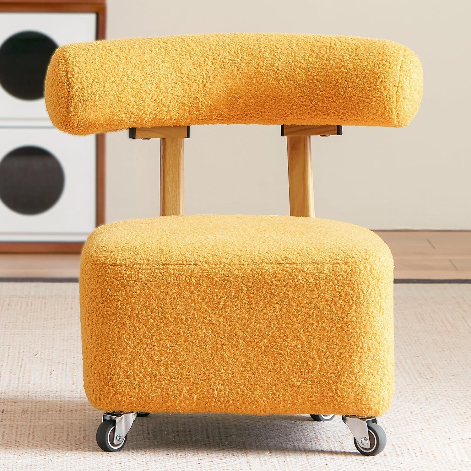 Toddler Chair, Rolling with Backrest, Yellow, 230lbs Heavy Duty | 230lbs Heavy Duty, Boucle Low Rolling Stool, Cute Sensory Furry Small Chair, 3-8 Years Old