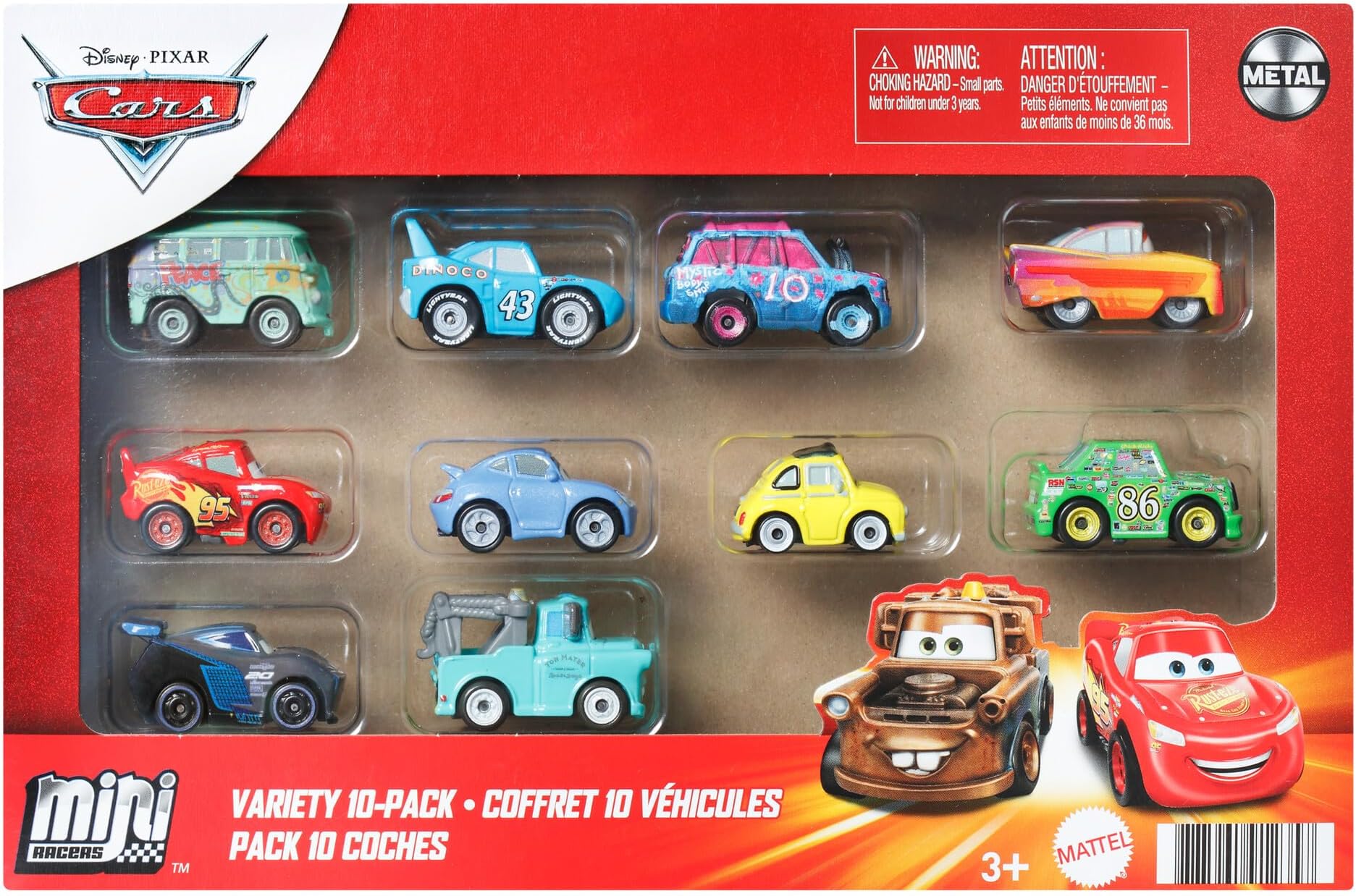 Mattel Disney and Pixar Cars Mini Racers 10-Pack, Collectible Set with 10 Toy Vehicles, Fan-Favorite Characters, GRW27