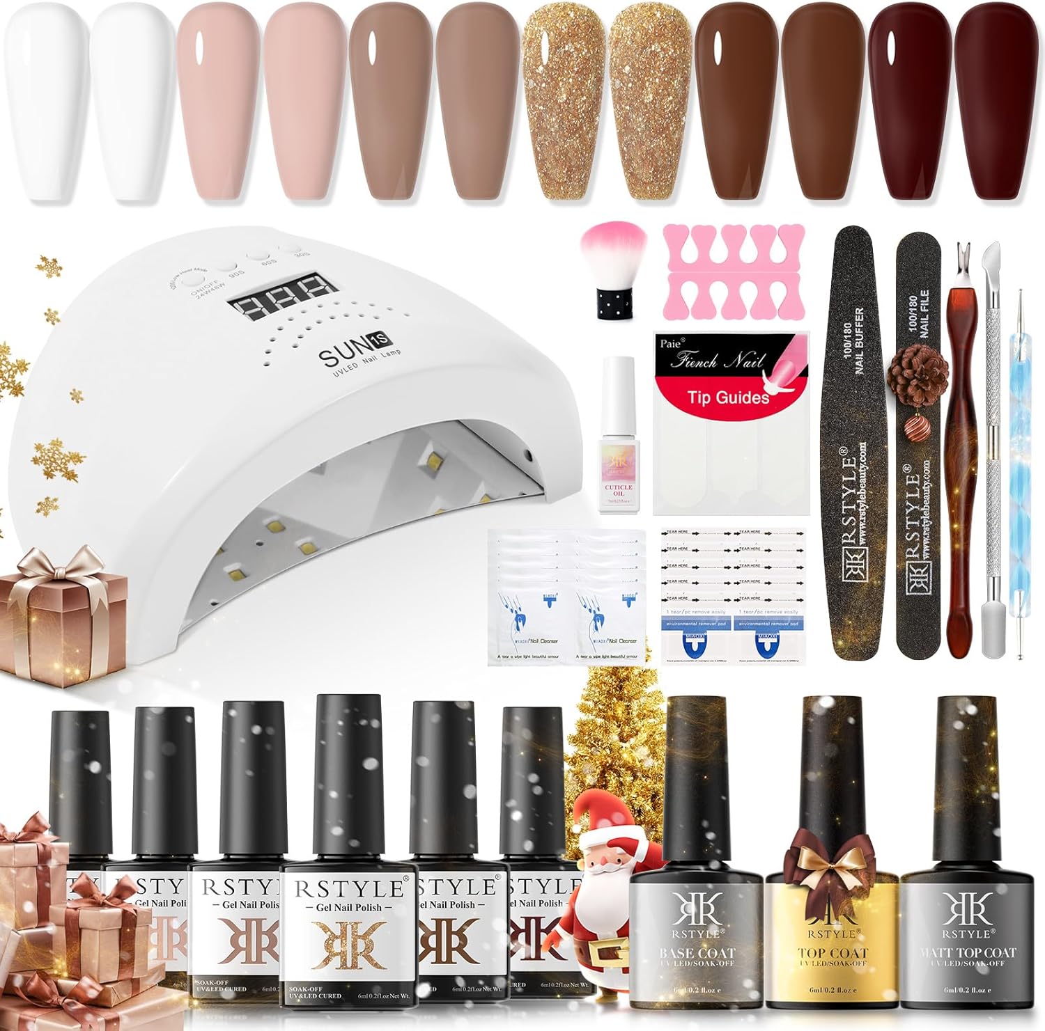 RSTYLE Kit Semipermanente Unghie,con 48W UV/LED Lampada,6 Colori Marrone Glitter Smalti Semipermanenti per Unghie Kit di Partenza Nail Art Set Smalto Semipermanente Natale Professionale Completo Bianco marrone - Immagine 1