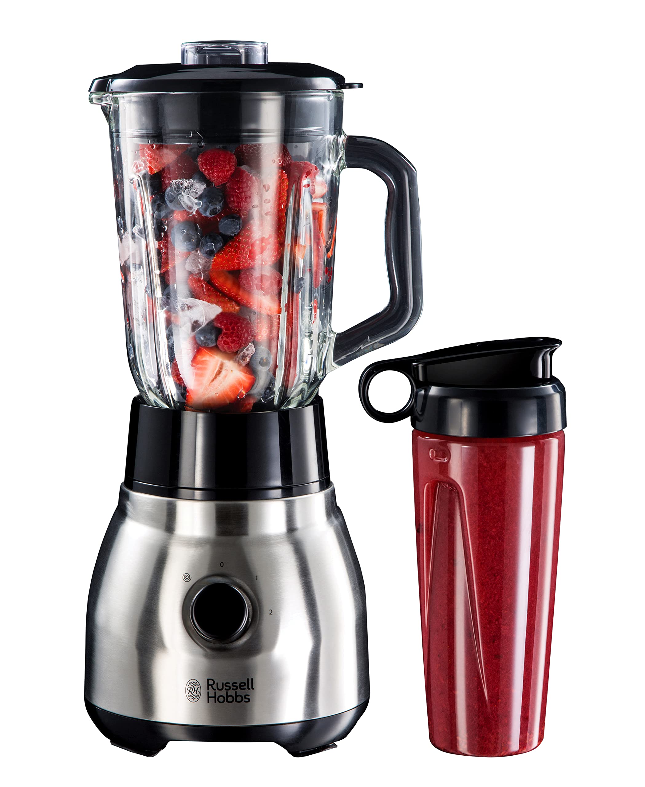 Russell Hobbs Blender [Polyvalent, Puissant & Rapide] Essential (Bol en verre 1,5L + Gourde Nomade, 4 Lames en acier Inox, 2 vitesses, Smoothie, Utilisation & Nettoyage facile) Mixeur 23821-56