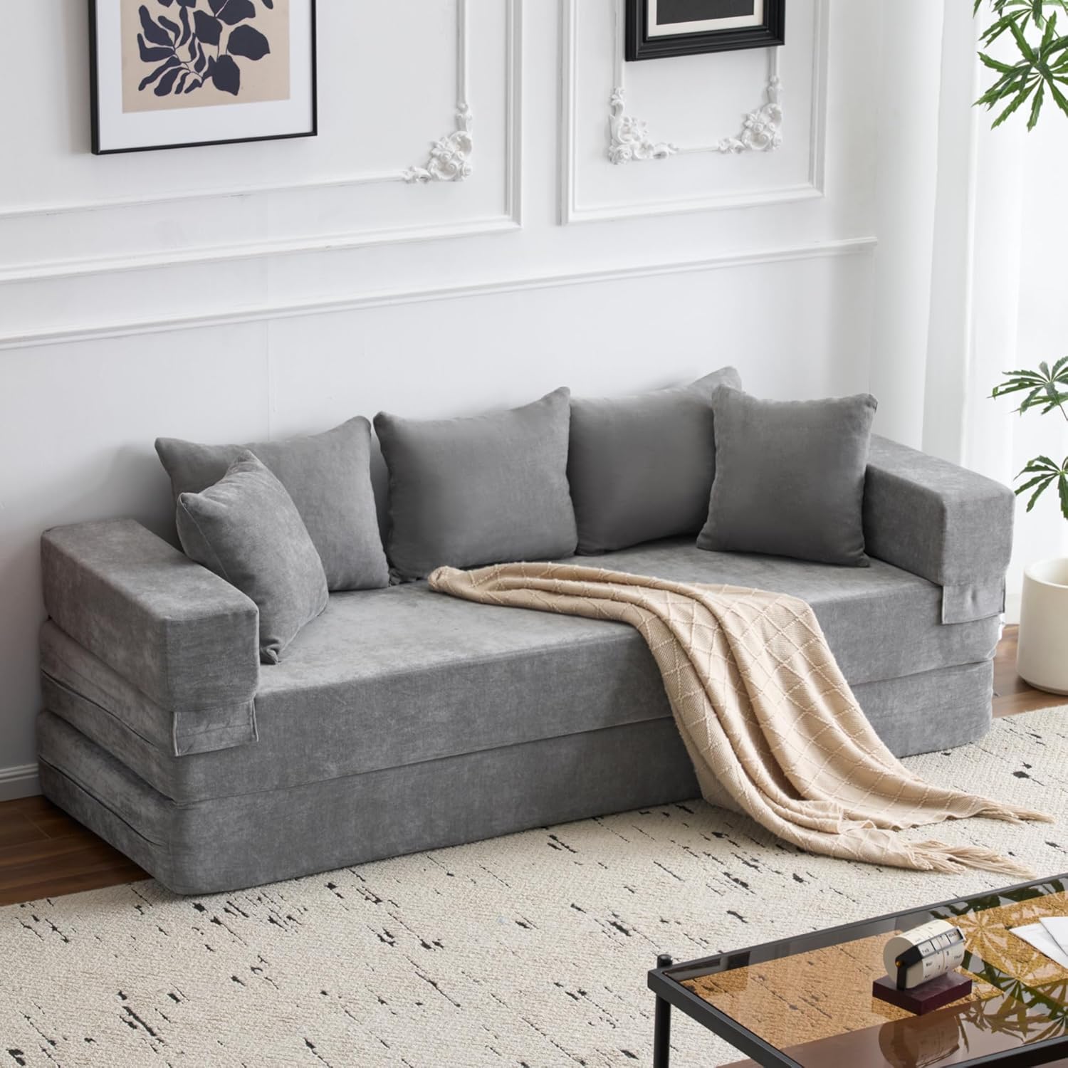 4-in-1 Convertible Folding Sofa Bed Queen, Sleeper Sofa Couch with Armrest and Pillows, Chenille Fold Out Floor Chaise Lounge, Comfy Foldable Futon Mattress For Living Room, Bedroom (Grey 7.87″)