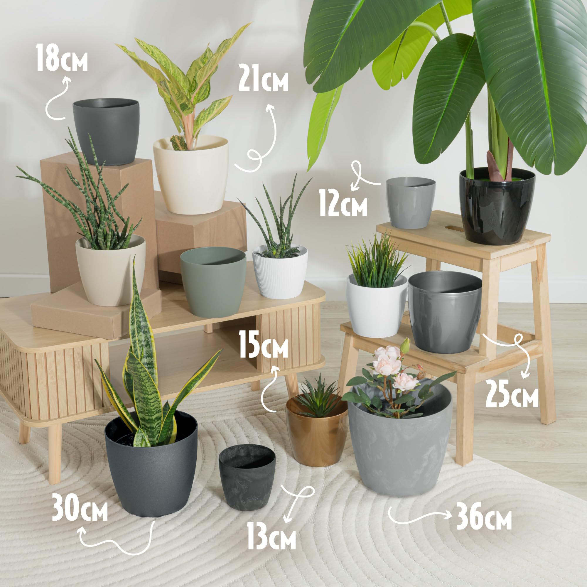 Set di 2 vasi decorativi per fiori ed erbe aromatiche, resistenti e leggeri, rotondi, in plastica, per soggiorno e sala da pranzo, cucina, terrazza, balcone, (bianco, diametro 36 cm)