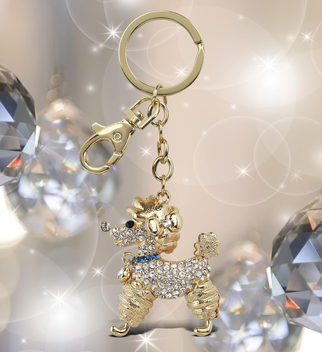 Stylish Poodle Dog Keychain - Gold 3D Sparkling Charm Rhinestones Fashionable Stylish Metal Alloy Durable Key Ring Bling Crystal Jewelry Accessory with Clasp - Image 4