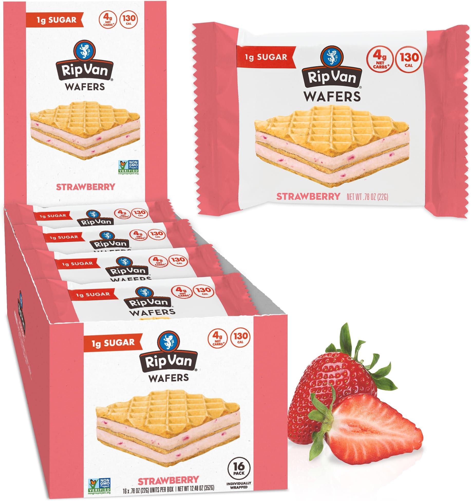 Rip Van Wafels Keto Waffle Strawberry Cookies - Healthy Vegan Snacks - GMO Free, Low Sugar (1g), Low Calorie - Pack of 16