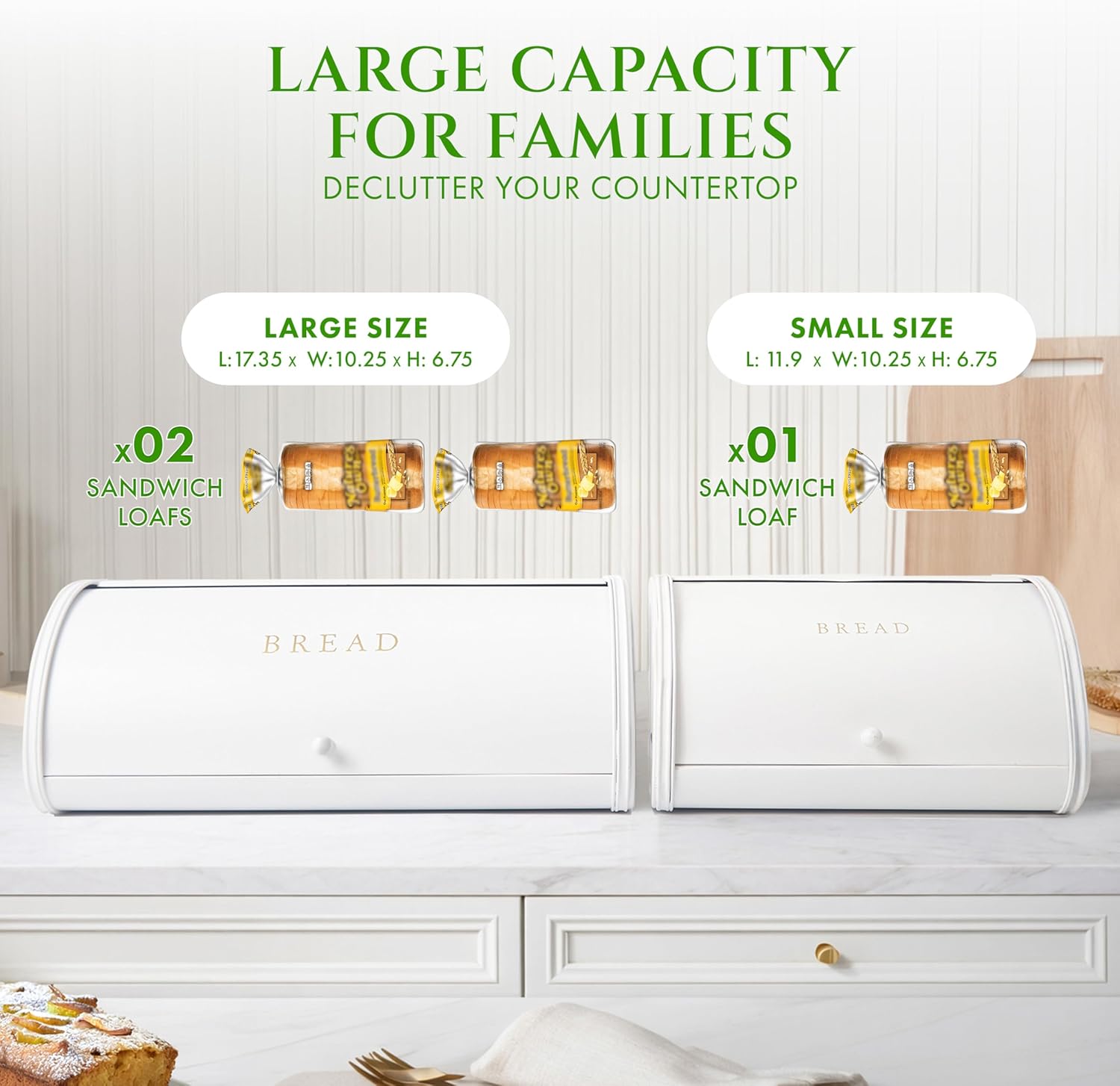 FINESSY Large Bread Box White for Pantry, Bread Box for Kitchen Countertop Stainless Steel, Breadbox Keeper for Fresh Homemade Muffin Sourdough Bagel Sandwich, Large Food Storage Containers with Lids