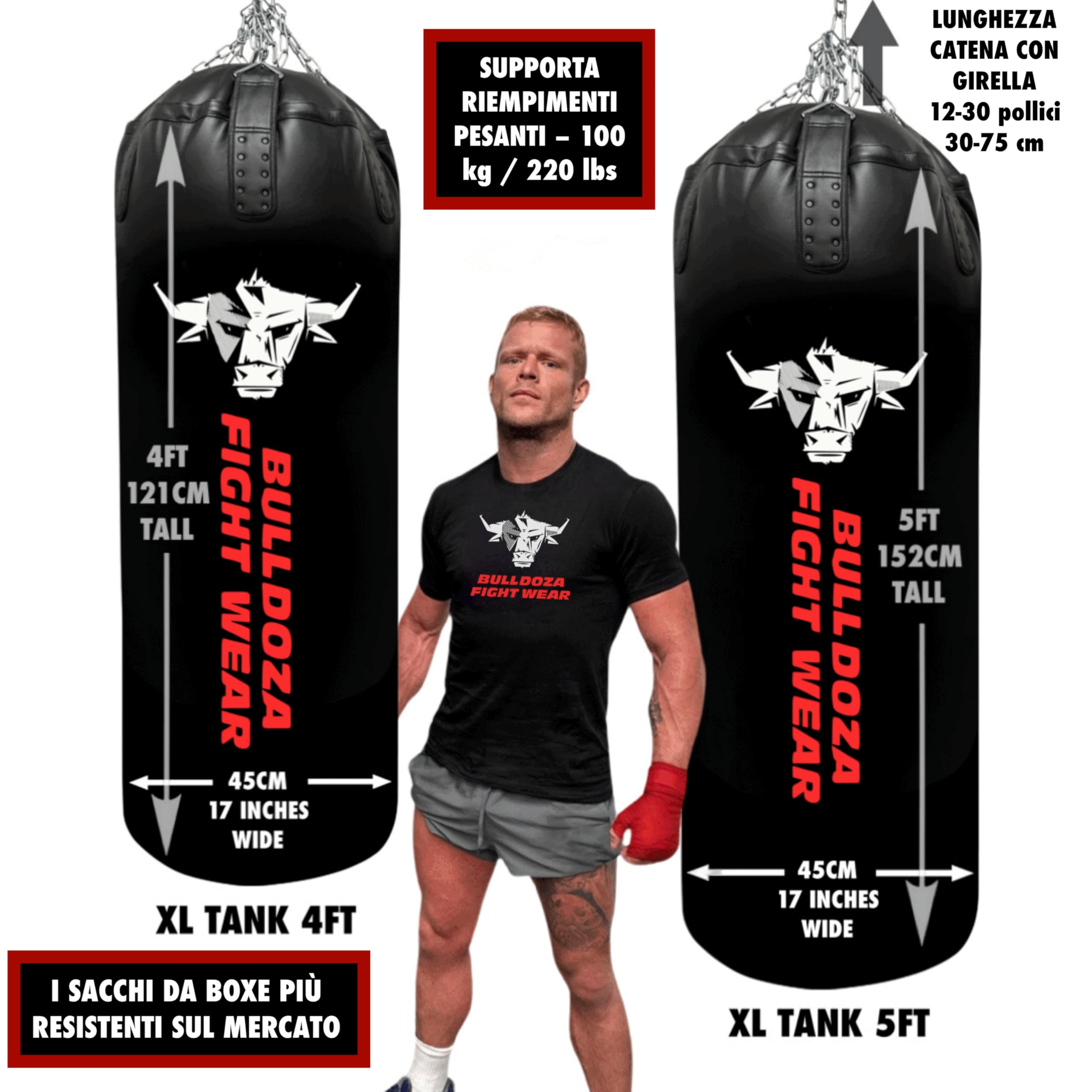 Sacco da boxe XL Tank Bull Doza Fight Wear, sacco da boxe con catene appese, girevole, moschettoni, sacco da boxe