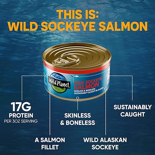 Miniatura 24 de Wild Planet Salmón salvaje Sockeye, sin piel y sin hueso, salmón enlatado, capturado de forma sostenible, sin OMG, Kosher 6 onzas (paquete de 12)