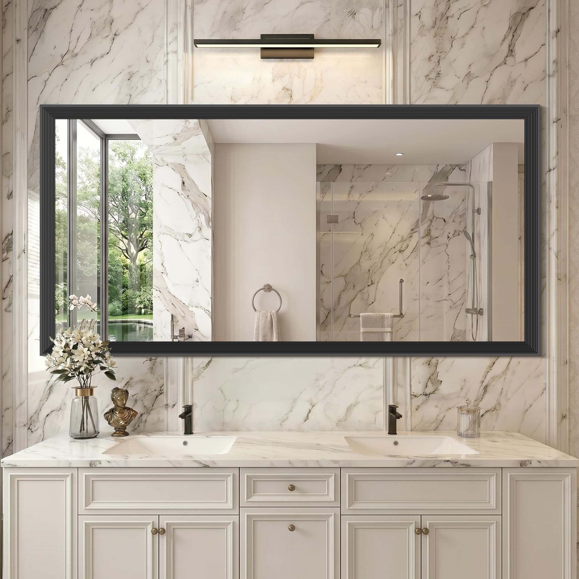DESBING Large Bathroom Mirror for Over Sink, 60” x 30” Black Rectangle Bathroom Mirrors for Double Vanity, Metal Ribbed Textured Framed Wall Mirror for Bathroom, Living Room, Bedroom,Dressing Room