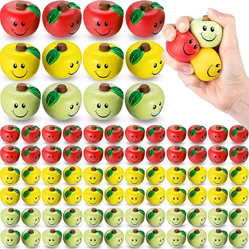Vista 8 de Civaner 48 bolas de estrés de frutas rojas, verdes y amarillas, bolas de alivio del estrés de frutas para ejercicio con los dedos, escuela