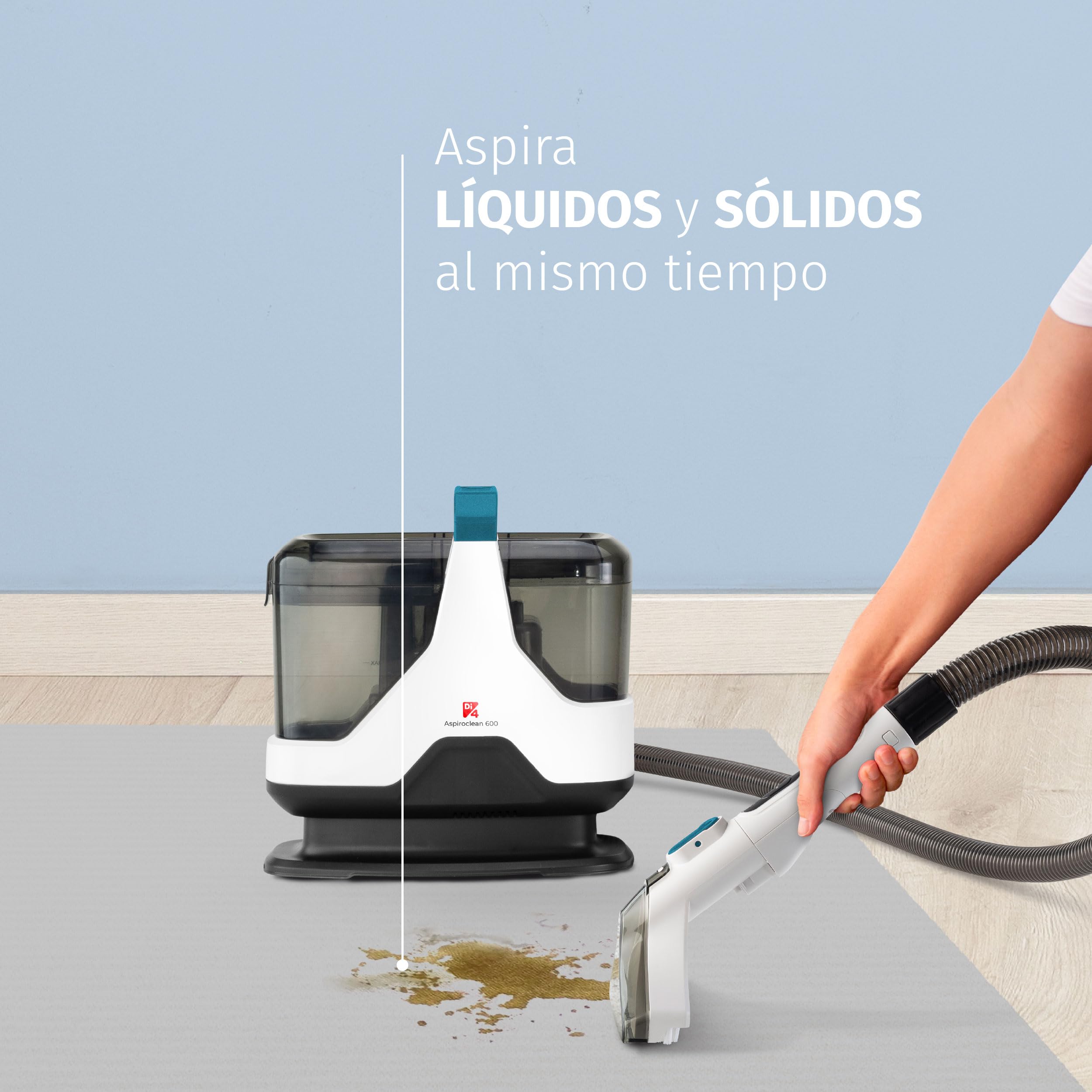 Di4 Aspiroclean 600W Aspirador de Tapicerías, Líquidos y Sólidos, Cepillo Multifunción, Accesorio Limpiacristales, Apto para Suciedad Mascotas, Alfombras, Sofás, Coche y Cristales, Incluye Detergente
