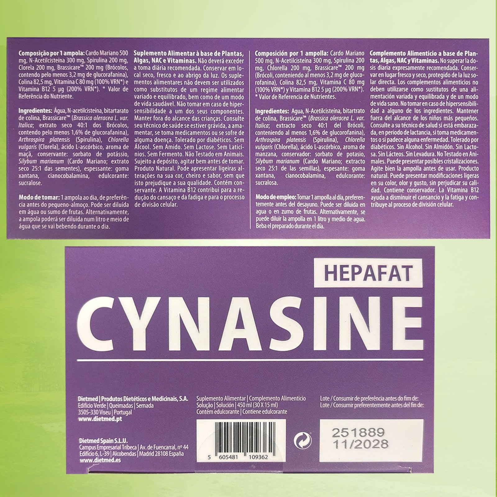Cynasine Hepafat - Cardo Mariano 500 mg con N-Acetilcisteína y Colina - Función Hepática y Metabolismo de los Lípidos - Protección Celular y Acción Antioxidante - 30 Ampollas Bebibles de 15 ml DietMe