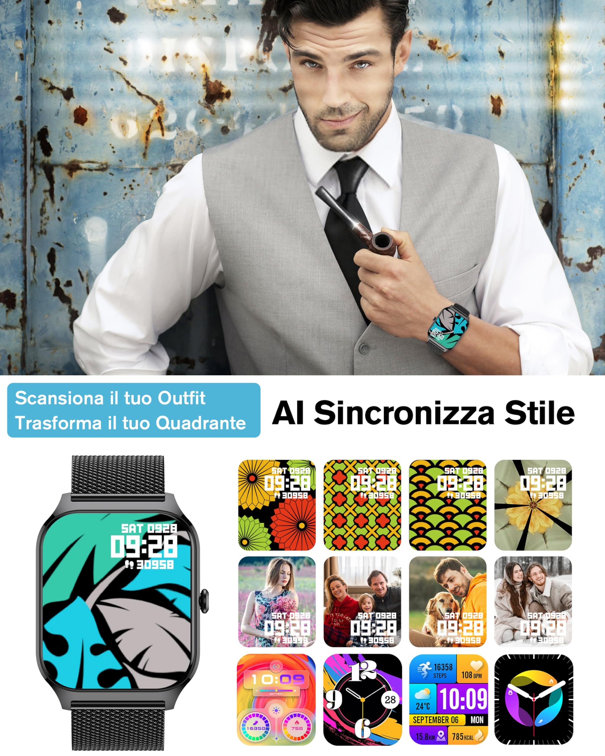 KALINCO Smartwatch Uomo Donna, 1.85” IA Orologio Pressione Sanguigna, Chiamata Bluetooth, SpO2, Frequenza cardiaca, Stress, Sonno, Orologio mondiale, 100+ Sports Watch, Regalo Android iOS