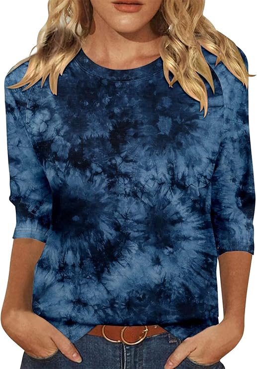 KISSMODA Tunic Tops for Women Loose Fit Dressy Round Neck Pleated 3/4 Length Sleeve Spring Tops