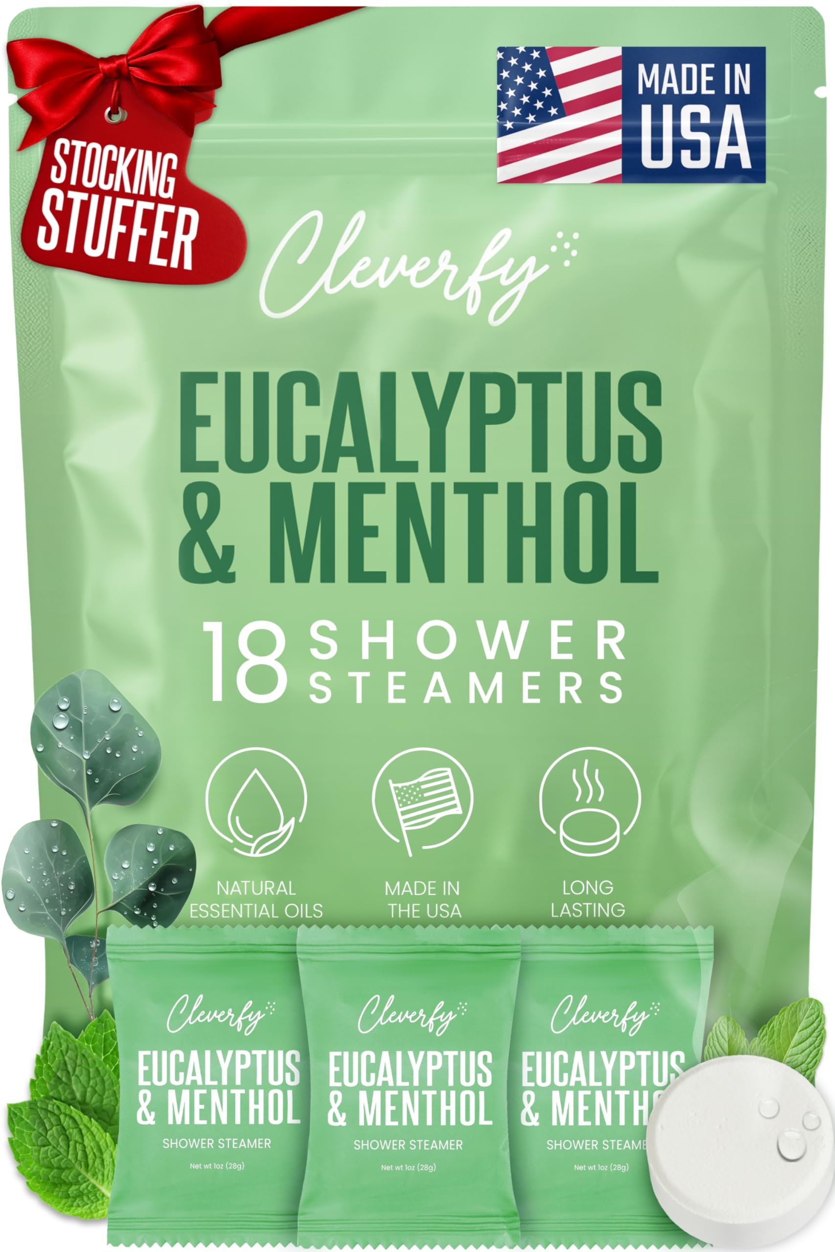 Cleverfy Aromatherapy Shower Steamers - Pack of 18 Shower Bombs with Essential Oils for Relaxation and Nasal Congestion. Green Set: Eucalyptus and Menthol Aroma
