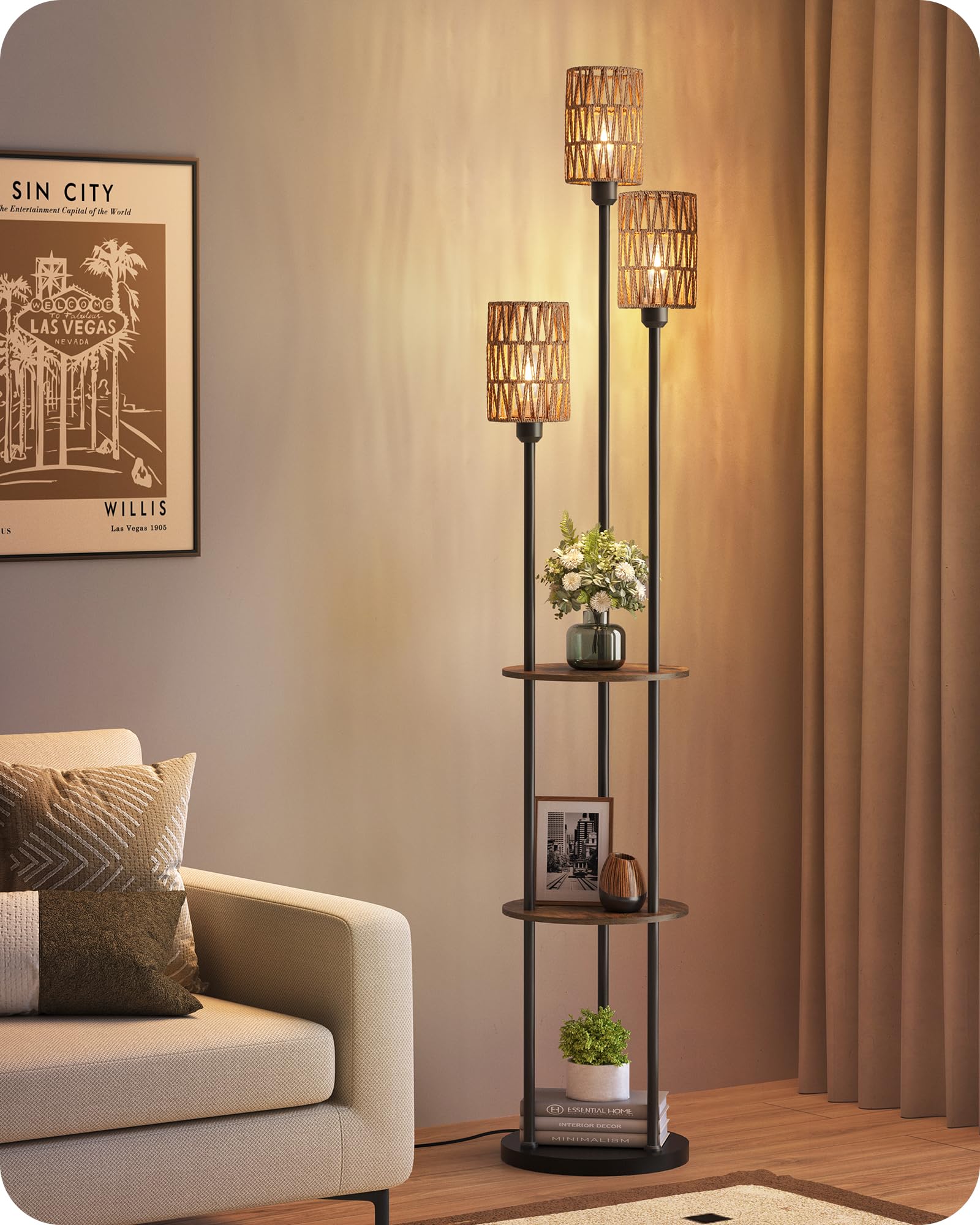 GOEBLESON Floor Lamp with Shelves, Boho Floor Lamp with 3 Linen Shades and Foot Switch, 3-Light Standing Lamp, for Living Room, Bedroom, Study, Rustic Brown and Yellow ZYF53LDK05