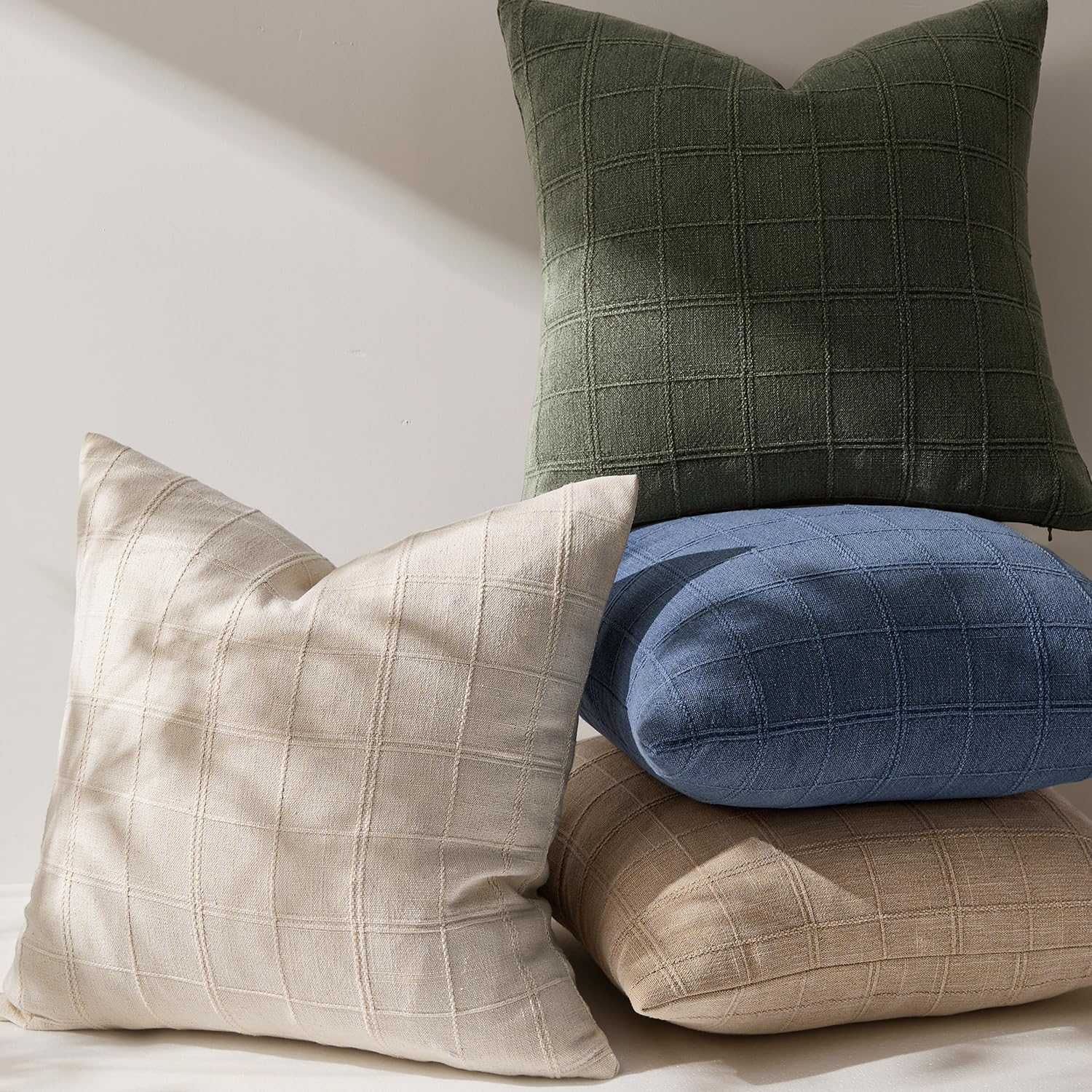 Woaboy Linen Check Throw Pillow Covers Set of 2 - Natural Beige Farmhouse Modern Boho Vintage Decorative Cushion Covers for Sofa Couch Bedroom Living Room Decor 18x18 Inch - Image 5