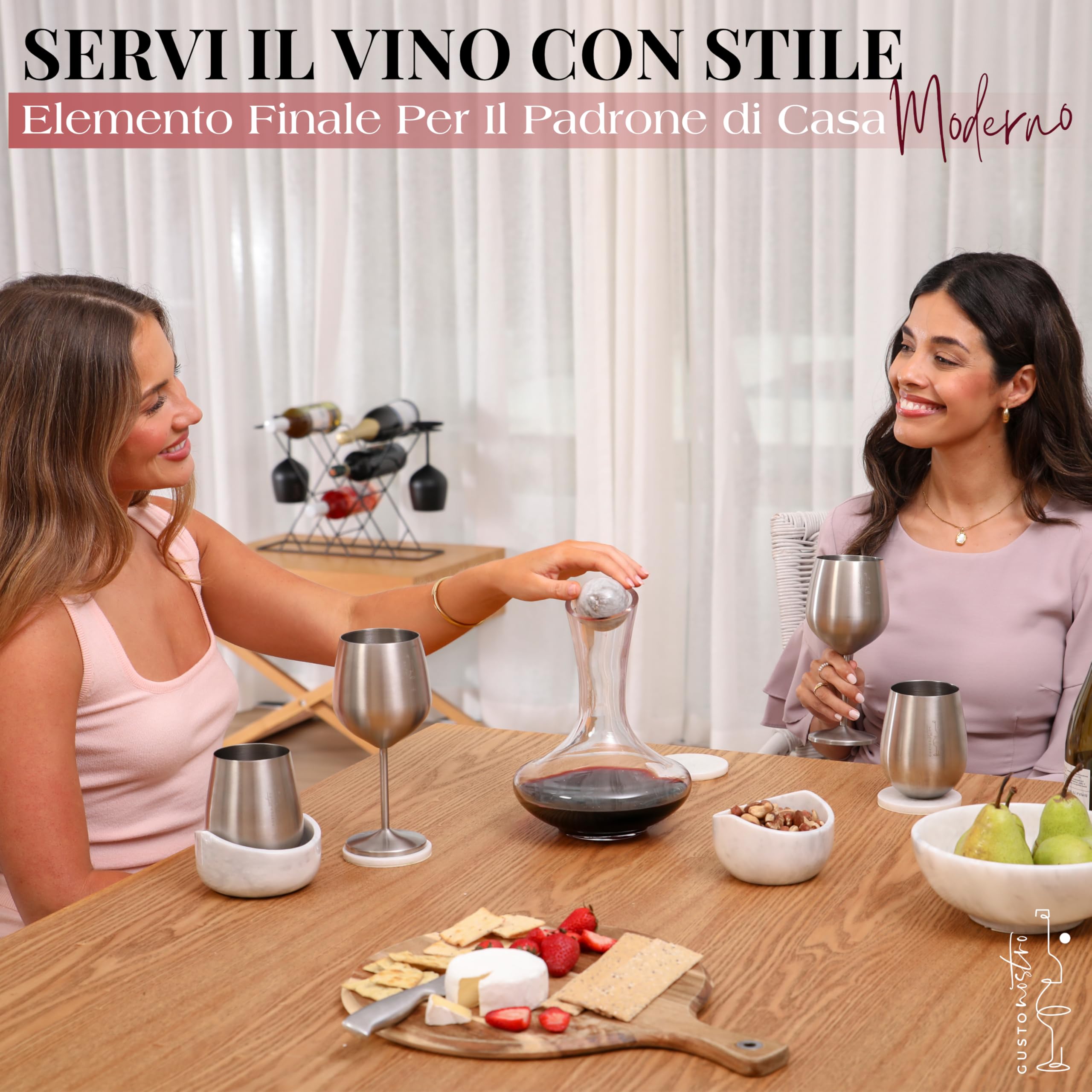 Gusto Nostro Decanter Vino in Cristallo con Tappo in Marmo – Caraffa Vino in Vetro Soffiato Senza Piombo per Vini Rossi – Decanter da 750 ml con Tappo in Pietra Naturale – Design Elegante Inclinato