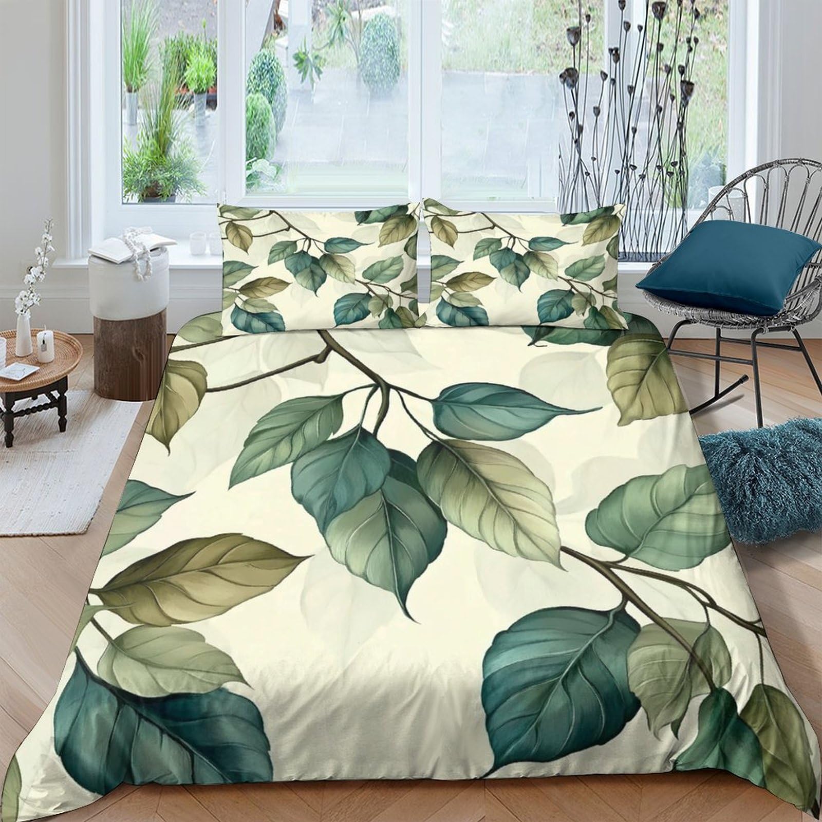 Ctjqhvkz Style-7 3D Printed Green Leaf Fitted Sheet Microfiber Soft Botanical Pattern Bed Cover For Bedroom Guestroom Mattress Protection Single（135X200cm）