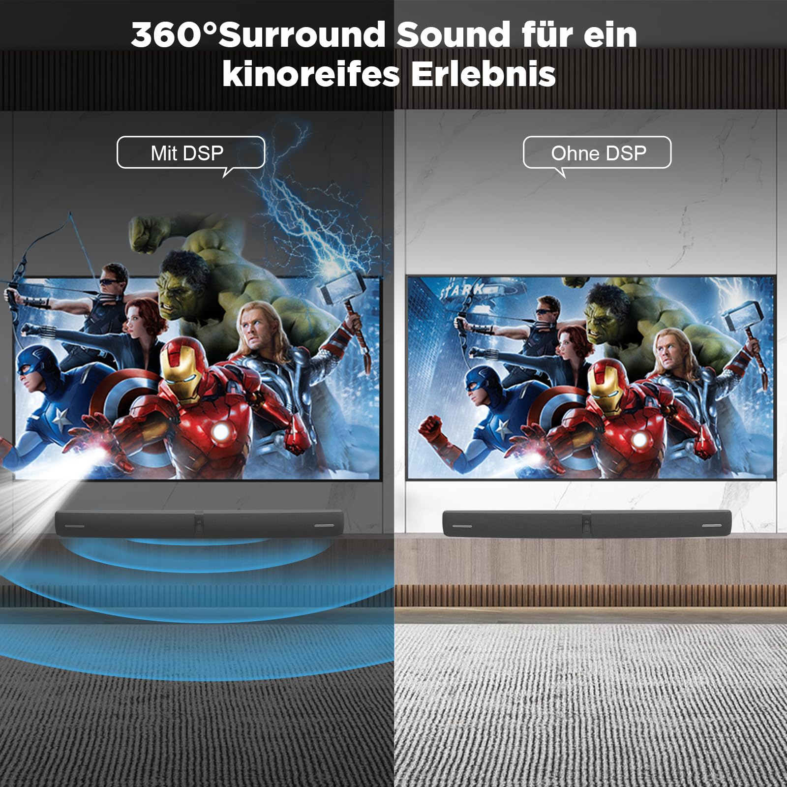 Soundbar für TV, 90 W 2-in-1 Abnehmbar Soundbar mit Auto Volume Boost, TV-Lautsprecher mit Bluetooth 5.3/ARC/Opt/AUX-Anschluss, Heimkino-Soundbars für PC/Gaming/Projektoren, 1 Stück
