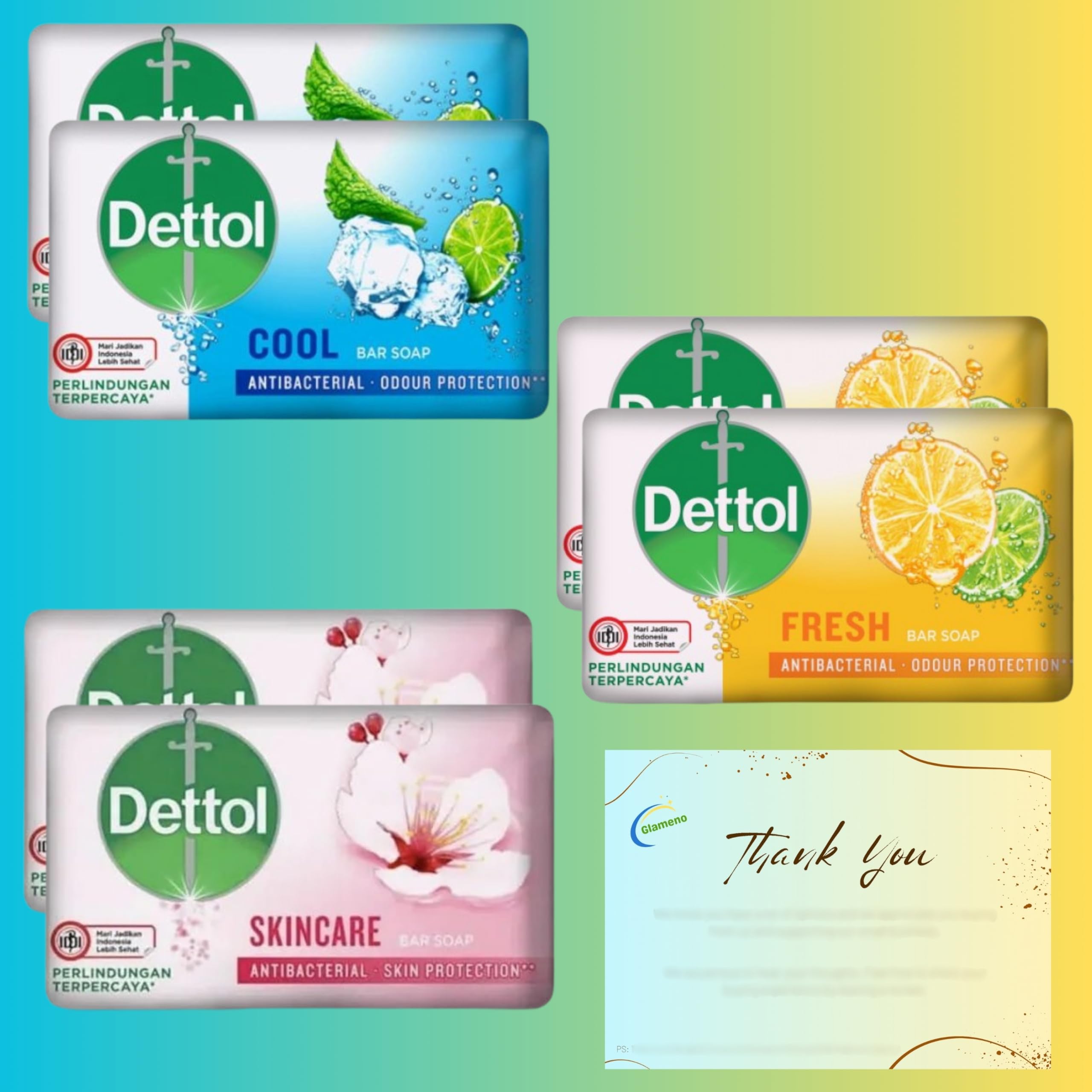 Antibacterial Soap Bundle with 6 Pack Soap Bars (Fresh, Cool and Skincare) 2 x 60g each and Glameno Thank You Card - Image 3