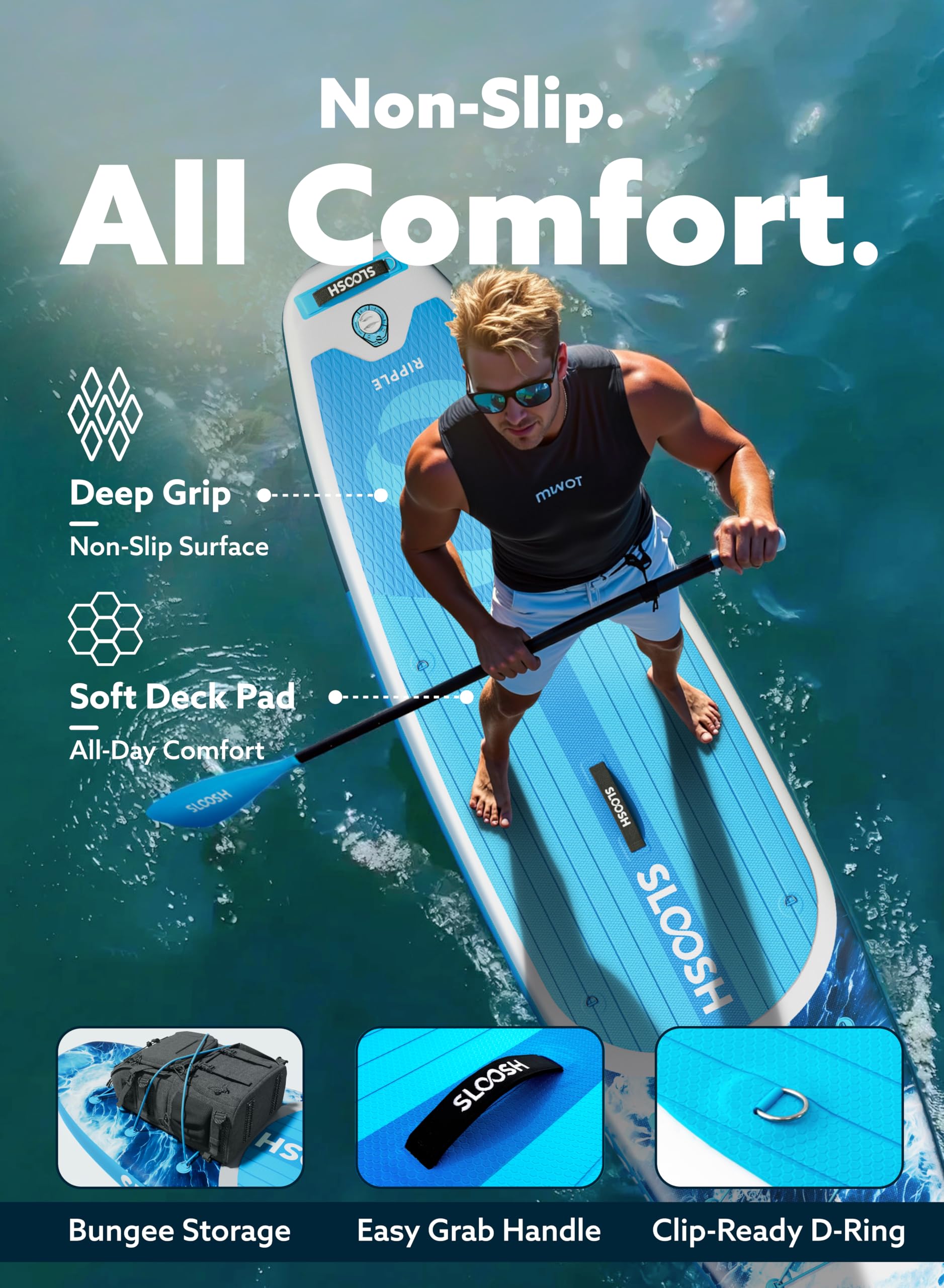 SLOOSH Aufblasbares Stand-Up-Paddle-Board, 10'6" Paddleboard mit Premium-Zubehör, rutschfestes Eva-Deck, ultraleichte Tragetasche und Pumpe, Ripple SUP für Jugendliche & Erwachsene