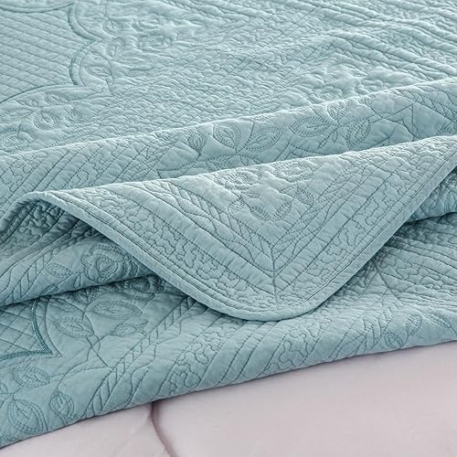 Miniatura 7 de Brandream Juego de ropa de cama de lujo de granja 100% algodón, tamaño Queen, King, vintage, elegante, juego de colcha acolchada azul aguamarina (98