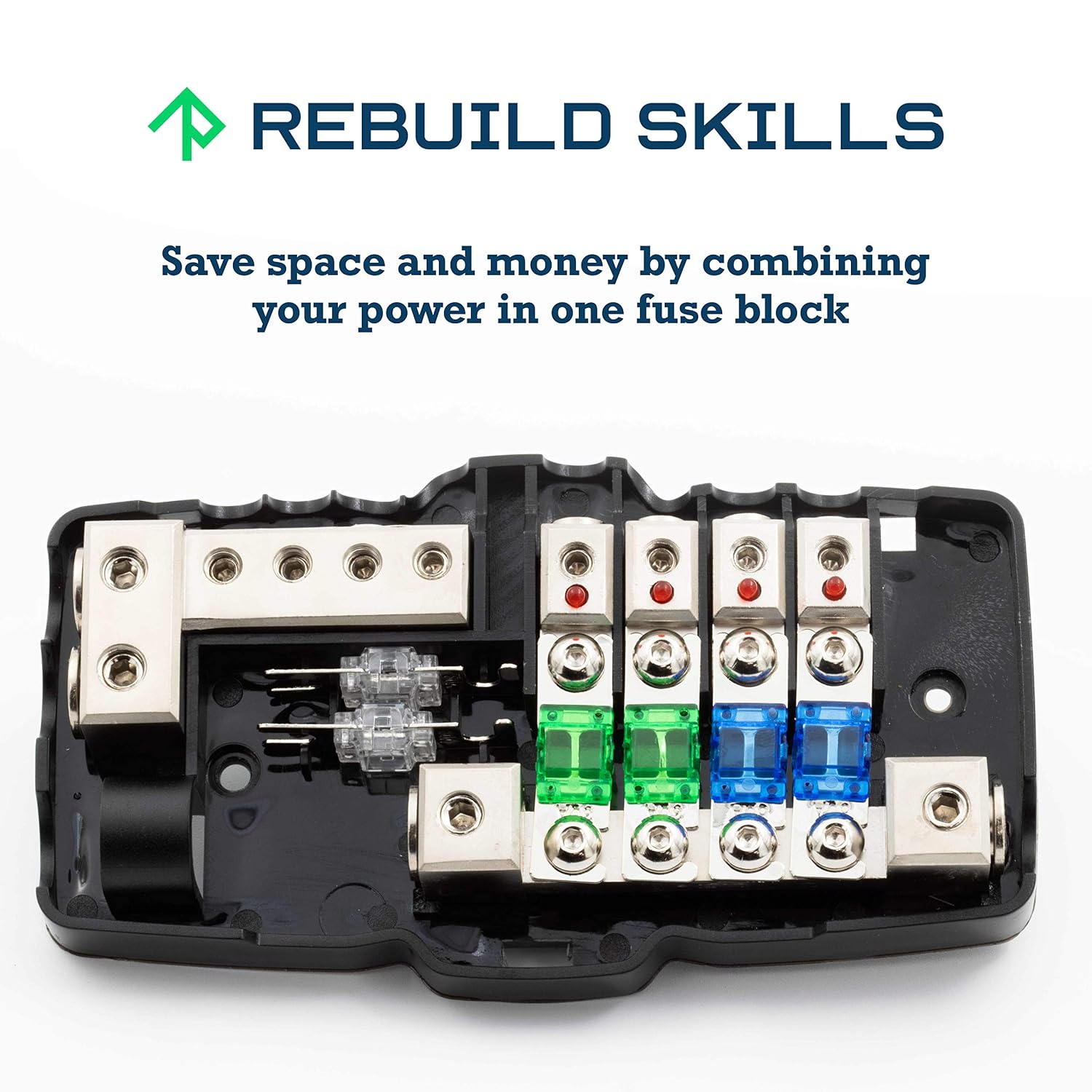 0-4 GA 4 Circuit HD Fuse Power Distribution Block wGround Buss for Campers, Cars, Audio, Stereos 30A 60A 80A with Red LED Indicator