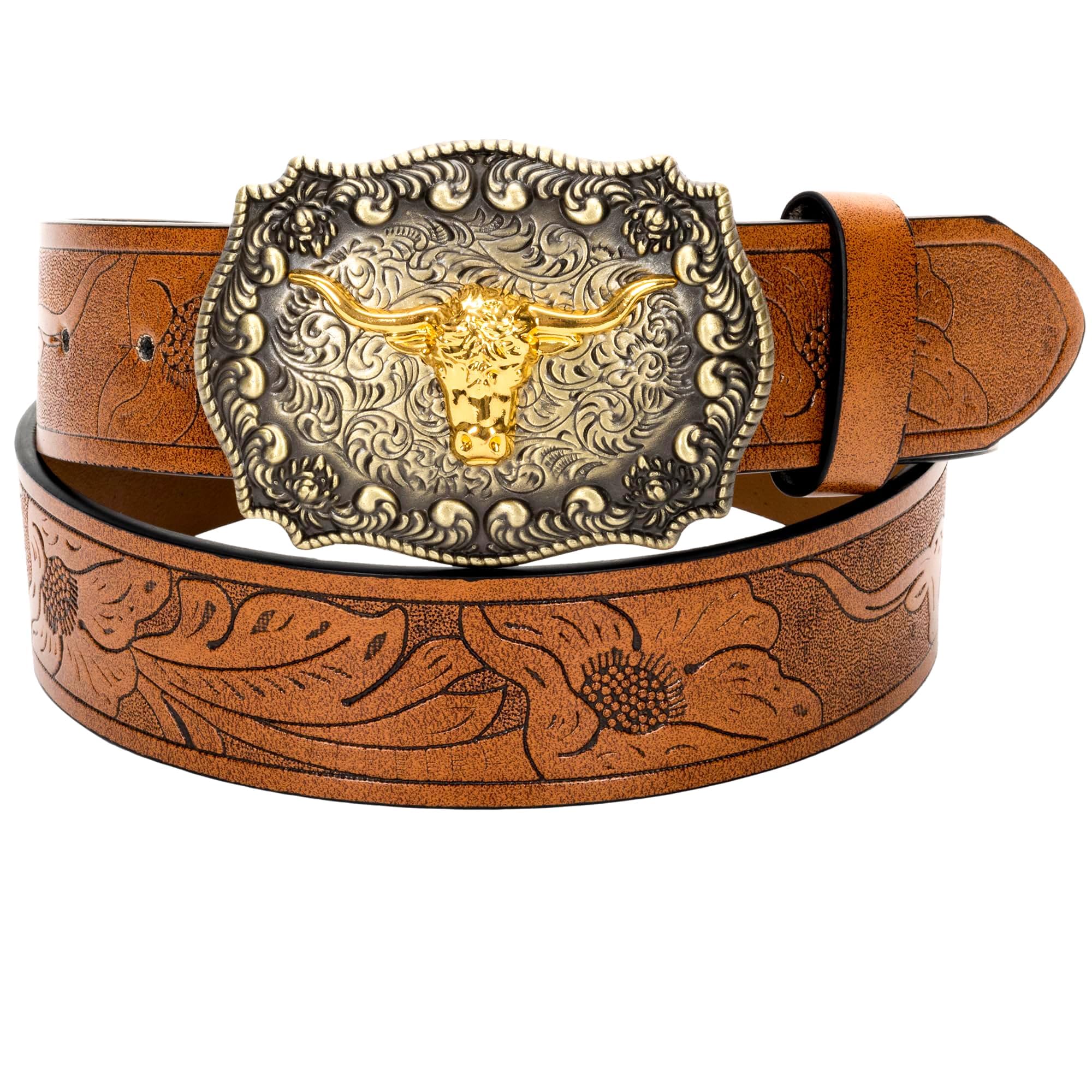 Western Cowboy-Belts for Men Big-Buckle Longhorn-Bull PU-Leather Rodeo Cowgirl-Belt Engraved Floral - Waist 25-38"