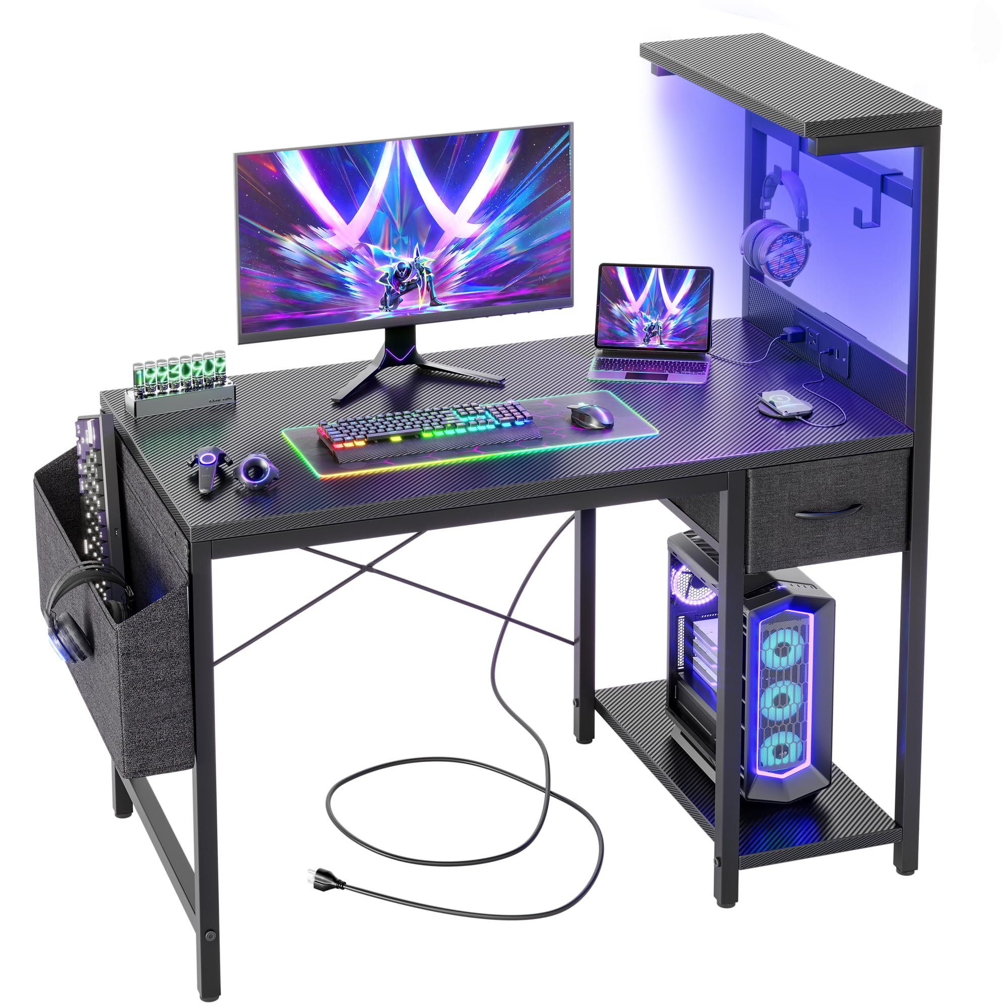 TIQLAB Gaming Desk 40 inch with Power Outlet and LED Light, Computer Desk with Reversible Shelves and Storage Drawer, Small PC Desk for Home Office