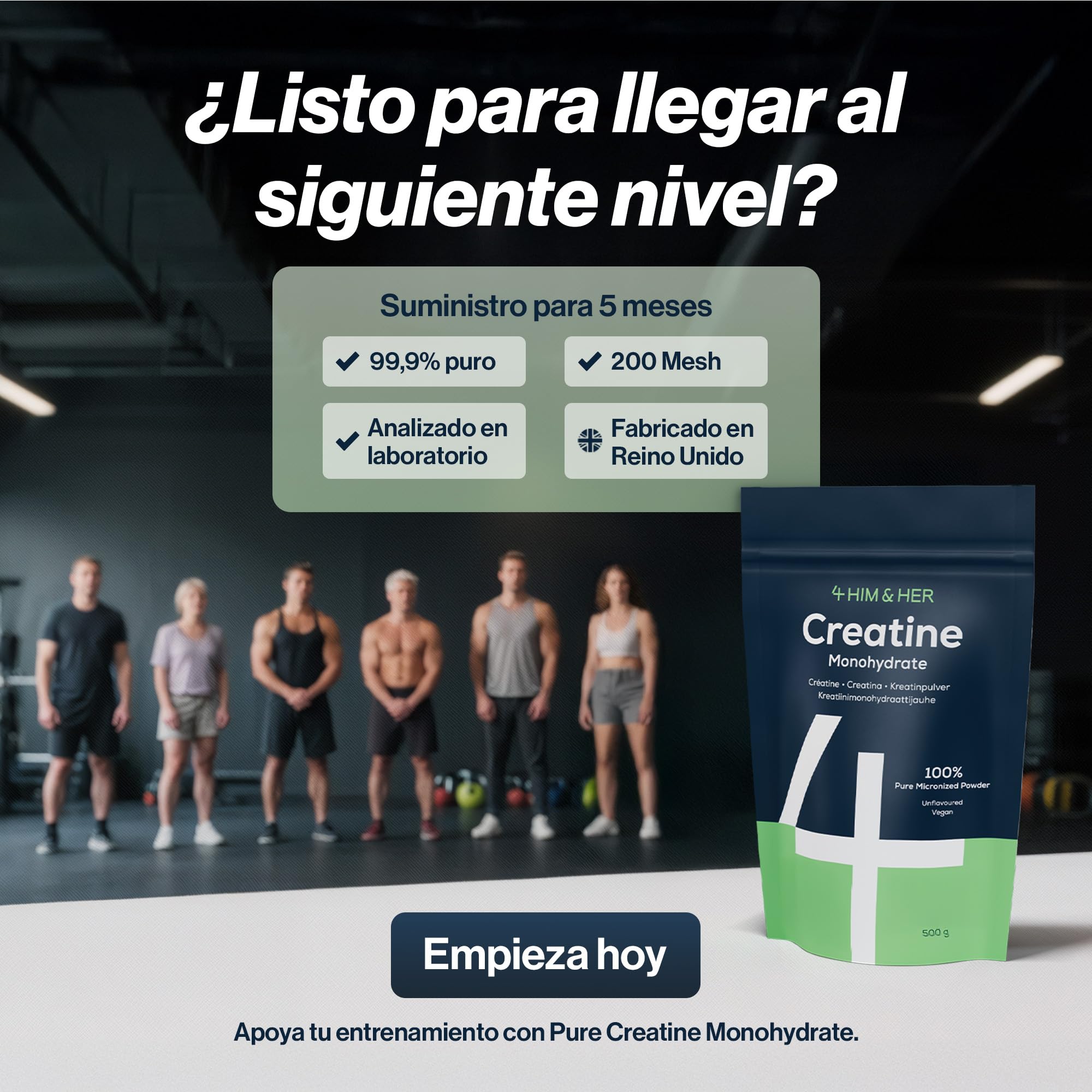 Creatina Monohidratada Polvo 500g, 5 Meses – 100% Pura, Sin Sabor – Micronizada 200 Mesh, Soluble – 147 Porciones – Vegana para Hombres y Mujeres – Sin Gluten, Sin Aditivos – 4 HIM & HER
