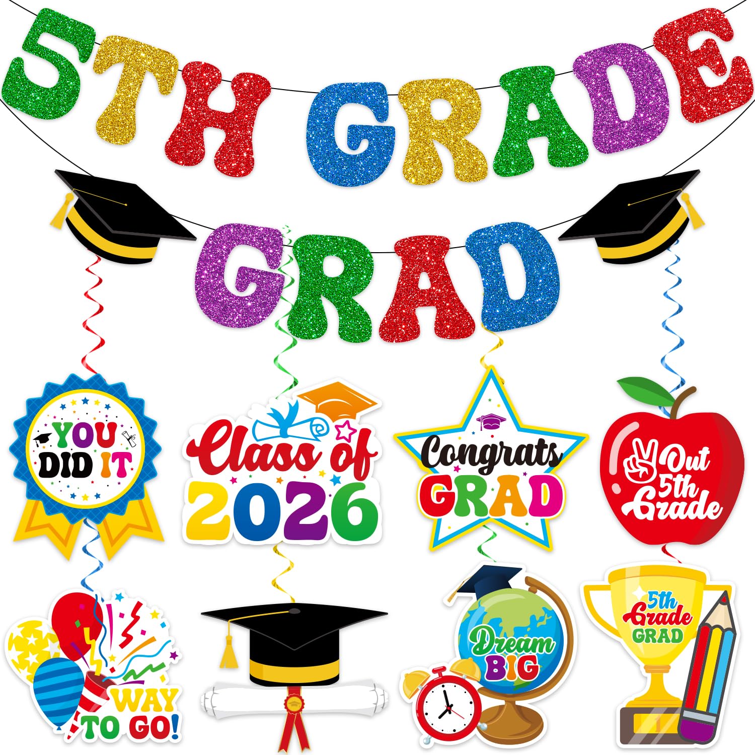 Photo 1 of 5th Grade Graduation Decorations, NO-DIY Glitter 5th Grade Graduation Banner, Elementary School Graduated Decorations