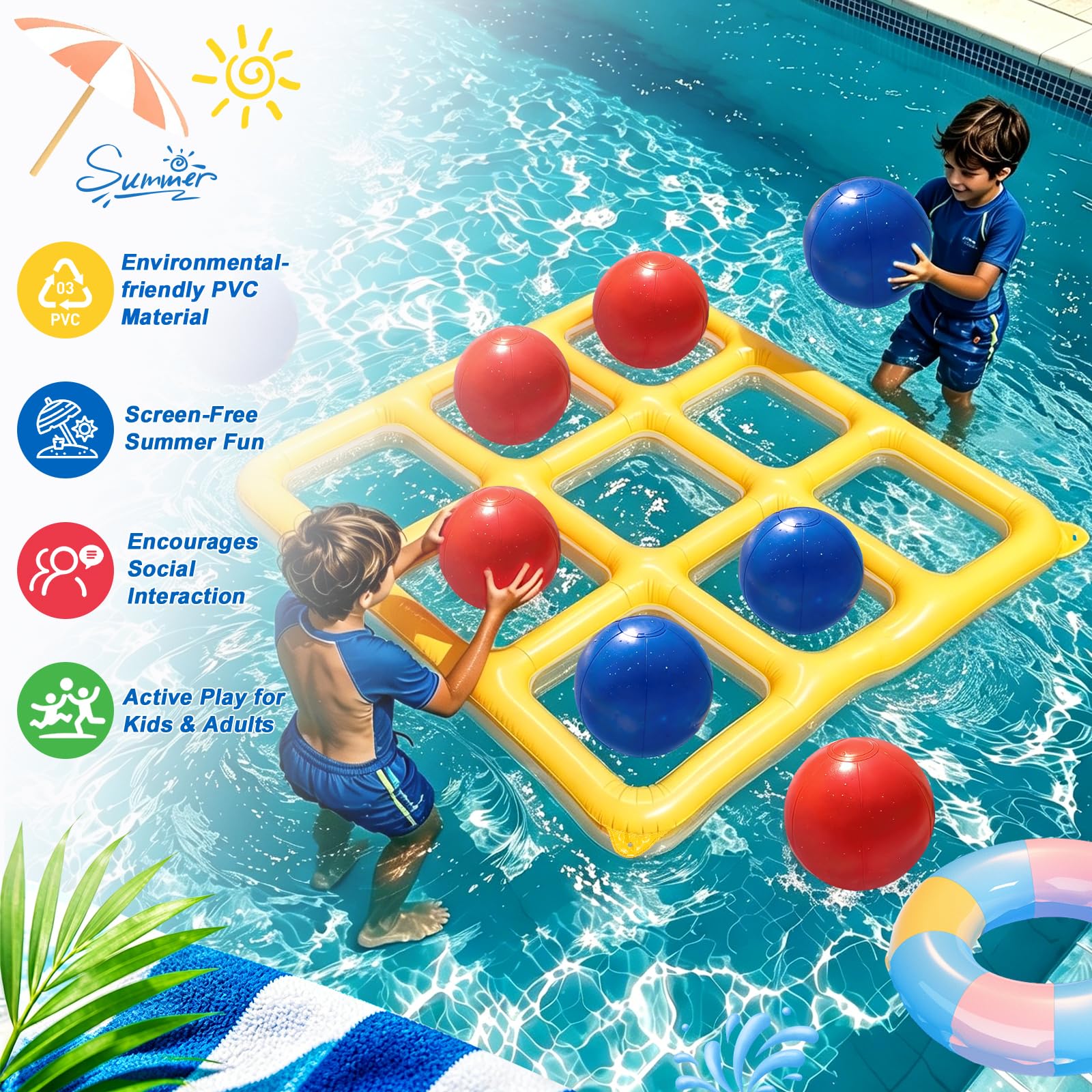 Aufblasbares Tic-Tac-Toe Poolspiel, Outdoor Spiele für Kinder & Erwachsene, Strandspiele & Wurfspiel Kinder Outdoor, Wasserspiele Pool für Kinder und Erwachsene, Aufblasbare Pool Spielzeug(Gelb)