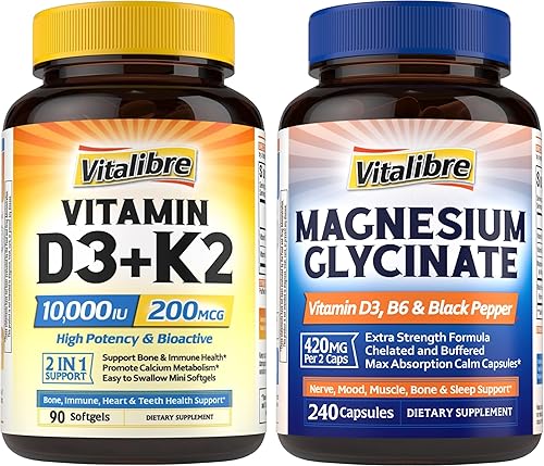 Suplemento de vitamina D3 K2 10000 UI 90 cápsulas blandas y glicinato de magnesio 420 mg con vitamina D3 y B6 240 cápsulas