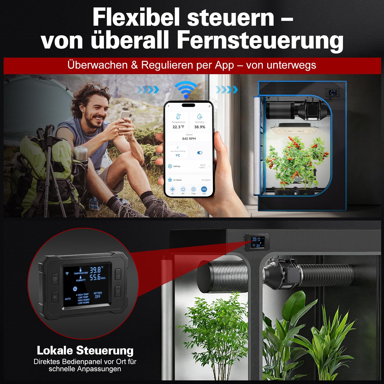 Wentylator rurowy 100 mm z aplikacją WiFi, 360 m³/h, 3000 RPM, inwerterowy silnik EC Inline wentylator wyciągowy z inteligentnym regulatorem temperatury i wilgotności, kabel 3 m, do namiotów uprawnych