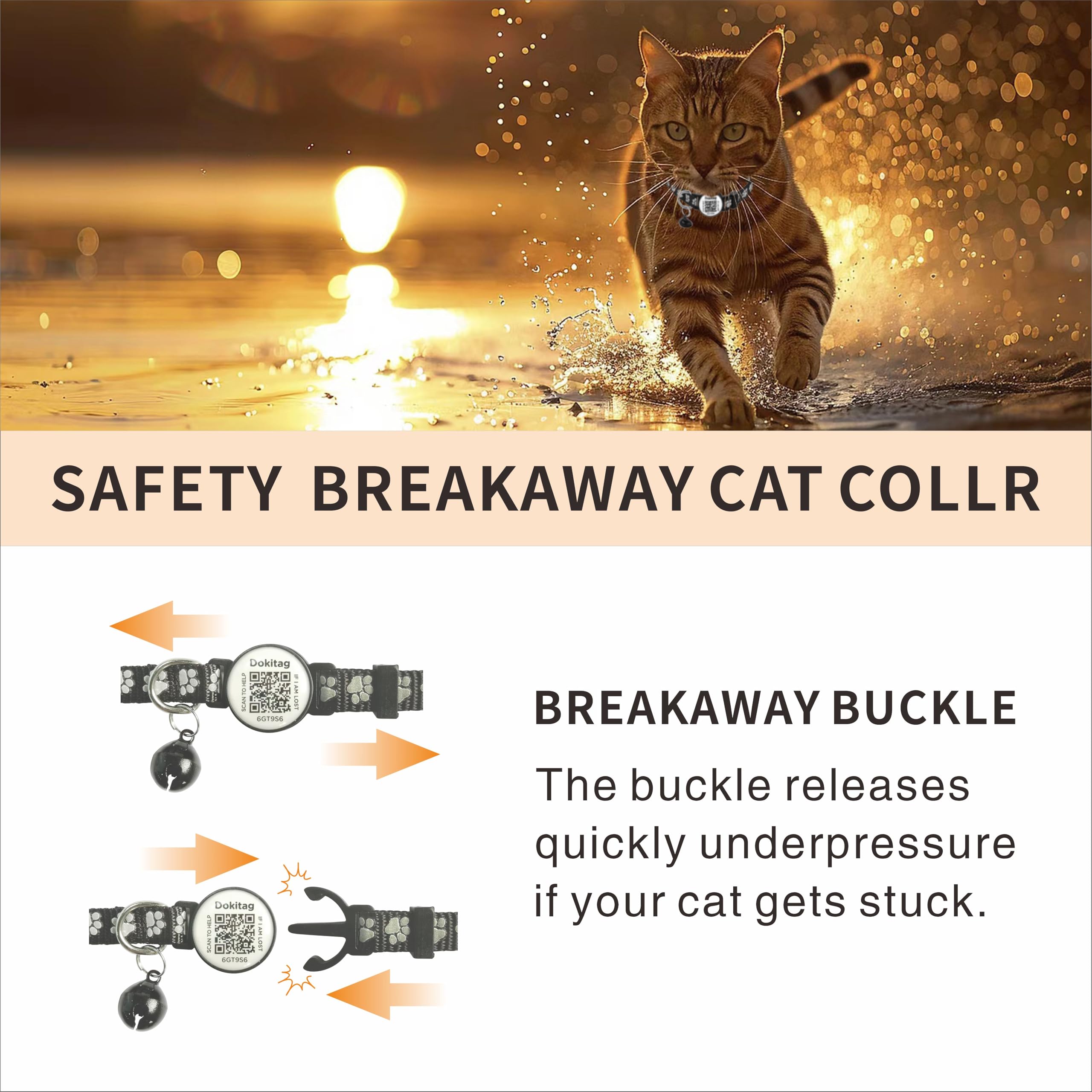 Collar reflectante para gato con etiqueta de identificación de mascotas, collares de gato separables, collar de gato con etiqueta de nombre de código QR, collar de gato con campanas, escanea QR