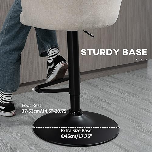 Miniatura 8 de HOMCOM Juego de 2 taburetes de bar ajustables modernos taburetes de cocina tapizados de tela con asiento giratorio marco de acero reposapiés beige