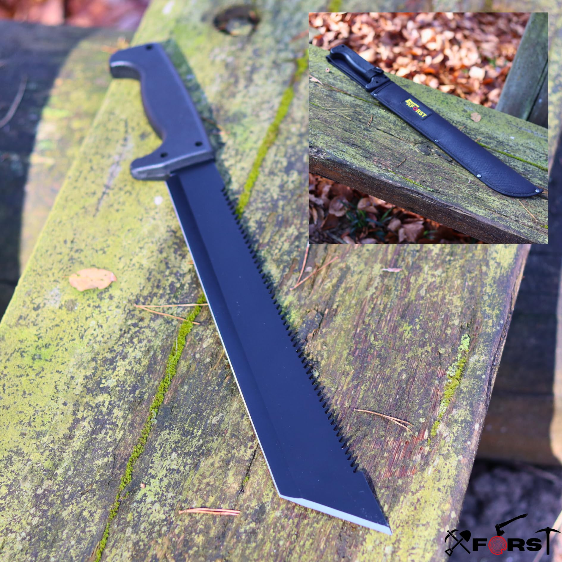 Xforst Machete MREC mit Sägeblatt, gesamtlänge 53 cm. Mit rutschfestem Gummi-Griff und feststehender Klinge. Für Outdoor, Survival und Bushcraft.