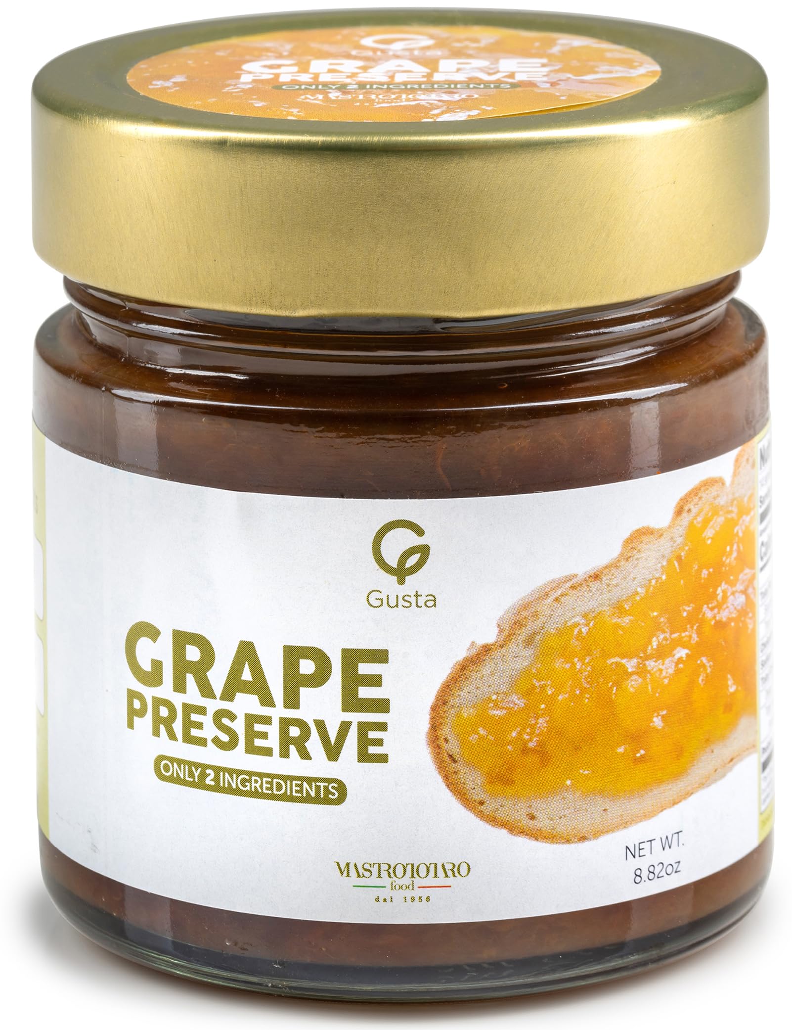 Gusta Grape Preserve Jam - Made in Italy Fruit Preserve & Jam - Only 2 Ingredients - Perfect Grape Jam for Baking - Non-GMO, All Natural - Fresh & Genuine Italian Delicacy - 8.82oz Glass Jar