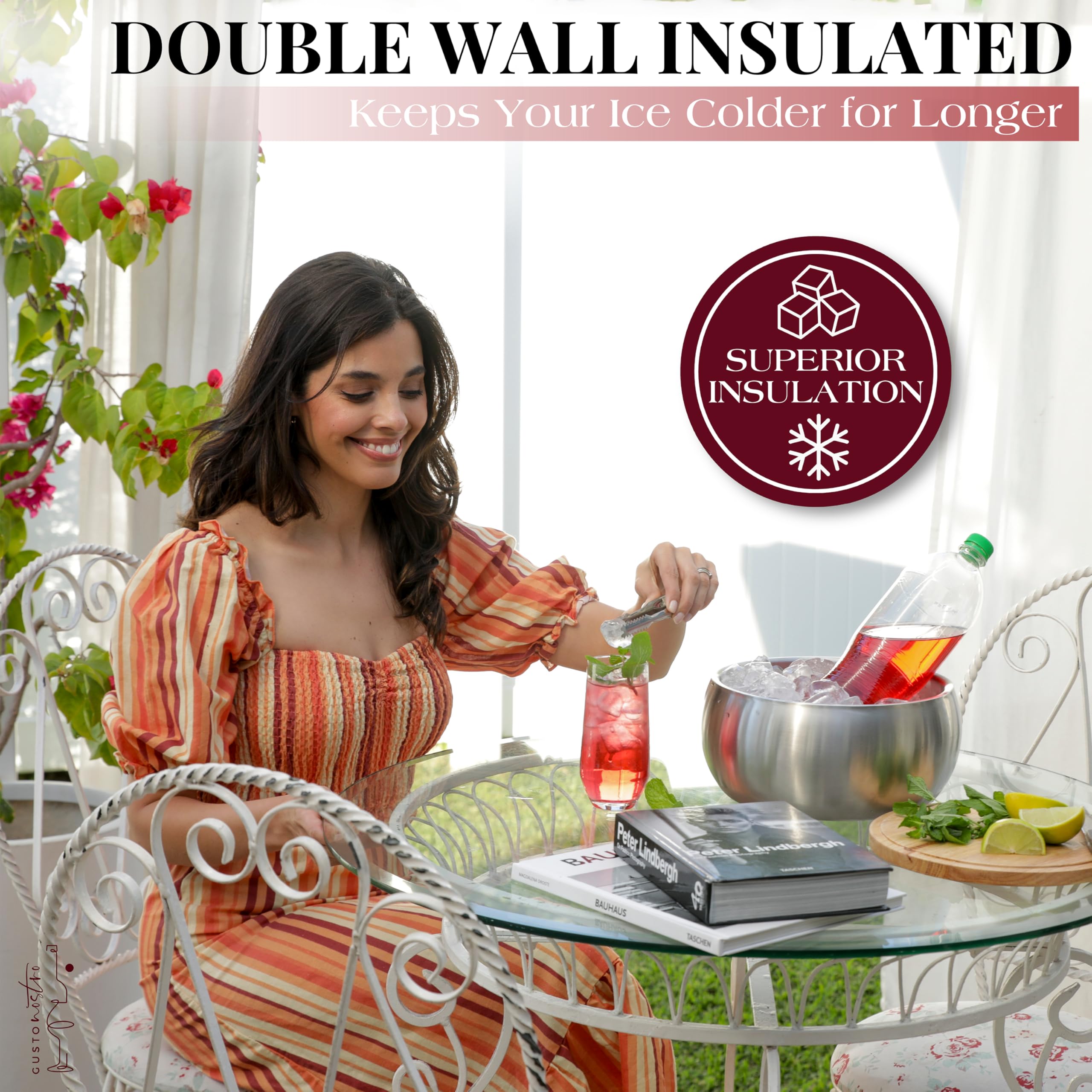 Gusto Nostro Cubitera Aislante con Tapa y Pinzas 4,1 L – Enfriador de Botellas de Acero Inoxidable de Doble Pared, Sin BPA – Mantiene el Champán, el Vino y la Cerveza Fríos para Fiestas