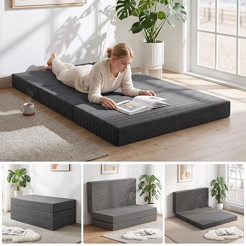 6-Inch Trifold Floor Mattress, Thick Foldable Mattress with Portable Handles,