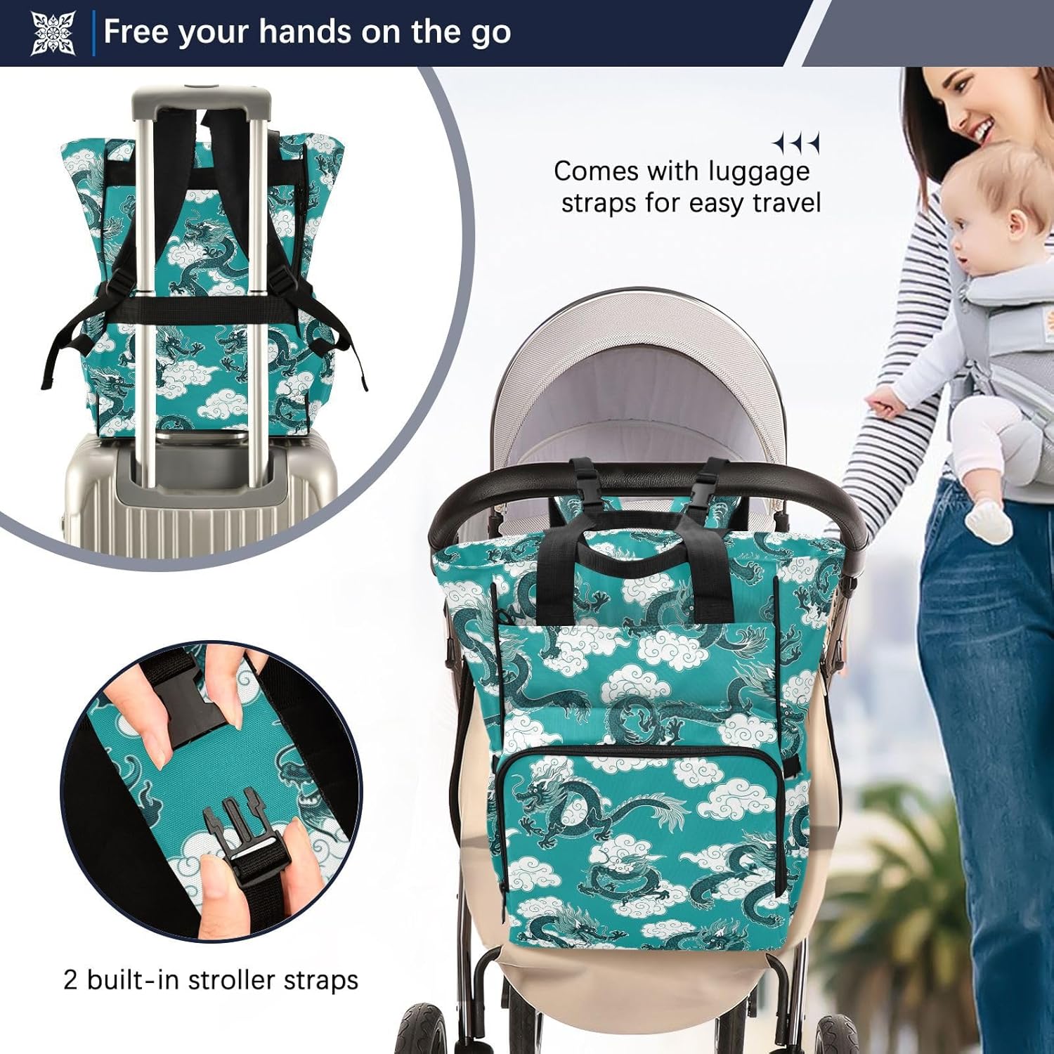 Dragon Cloud Teal Pattern Diaper Bag Backpack for Baby Boys Girls Multifunction Baby Essentials Travel Tote with Stroller Straps & Bottle Storage Maternity Travel Bag for Dads Moms Baby Shower