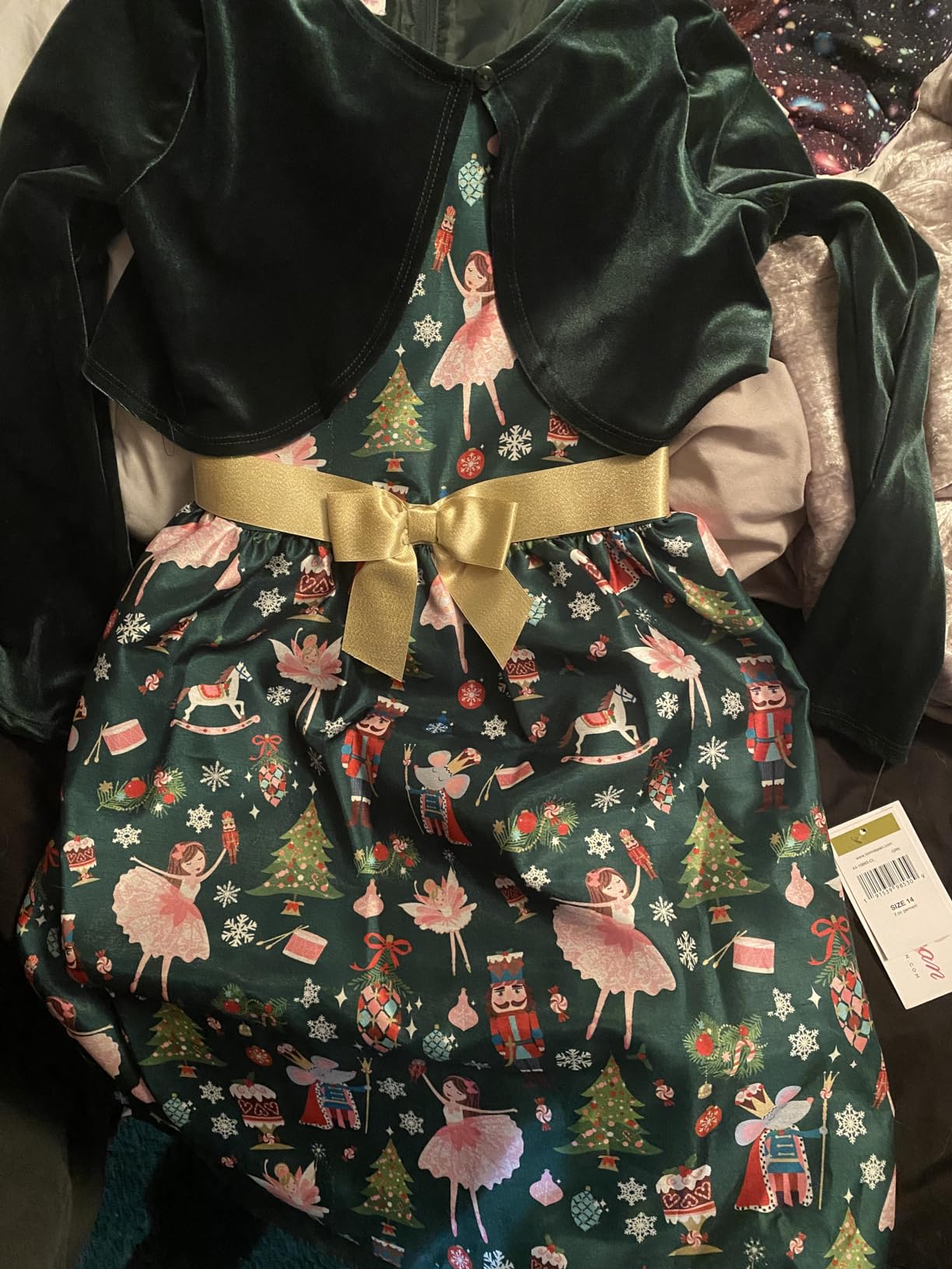 bonnie jean christmas dress nutcracker dress with gold cardigan Off-Shoulder Corset Mini Dress with Gold Embellishments main image 0