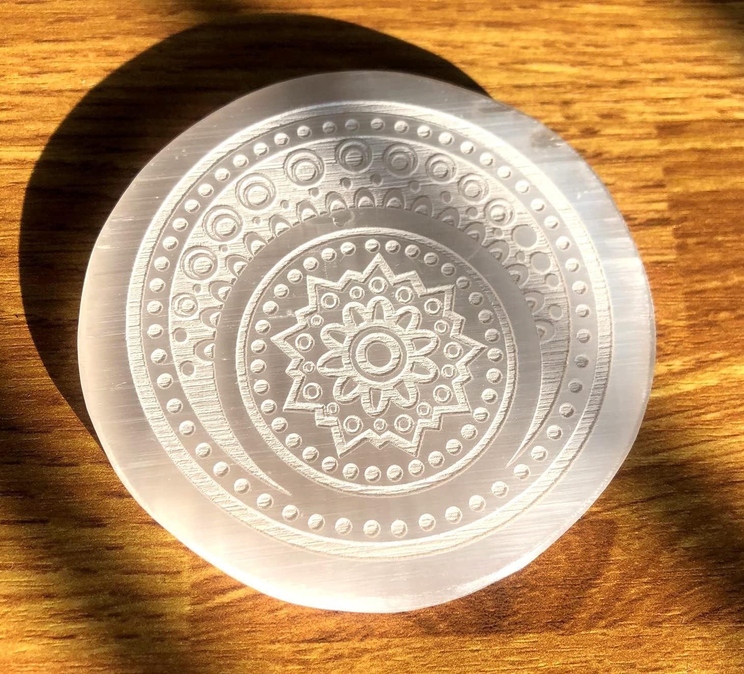 crystalmiracle Selenite 3" Round Etched Charging Reiki Plate Crystal Healing FENG Shui Gemstone Gift Positive Energy Peace Meditation Wellness Handcrafted - Image 4